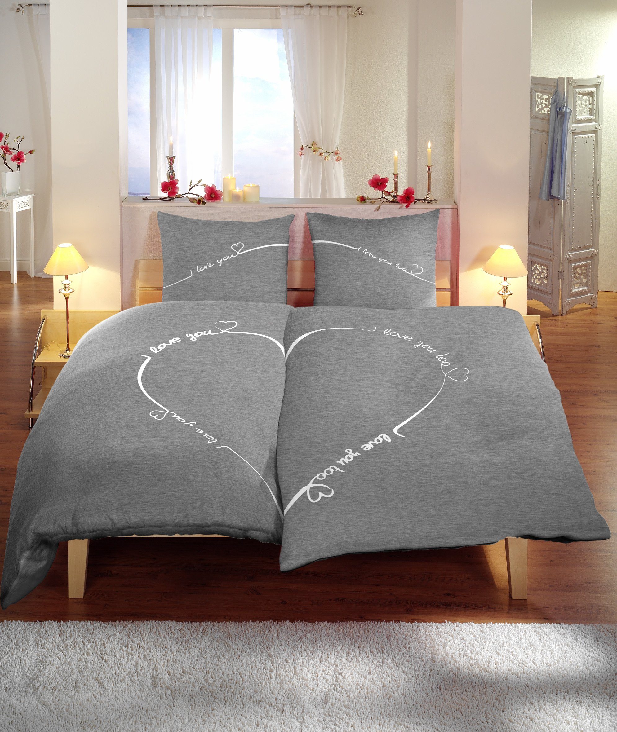 One Home Bettwäsche Love you, Mikrofaser, 4 teilig, Herzen und meliert