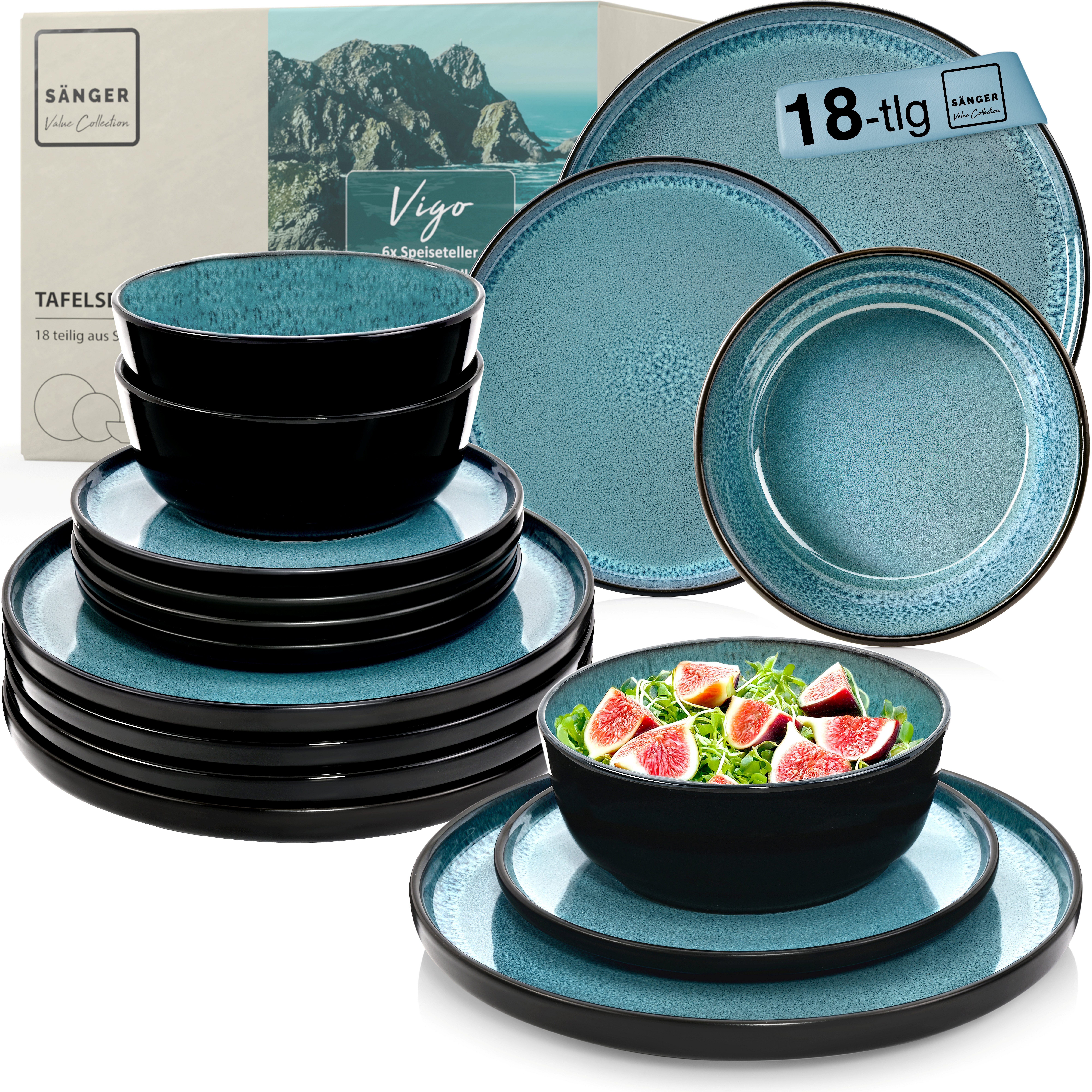 SÄNGER Tafelservice Vigo, Blau mit schwarzem Rand (18-tlg), 6 Personen, Steingut, Handmade, Erweiterbar, VALUE COLLECTION