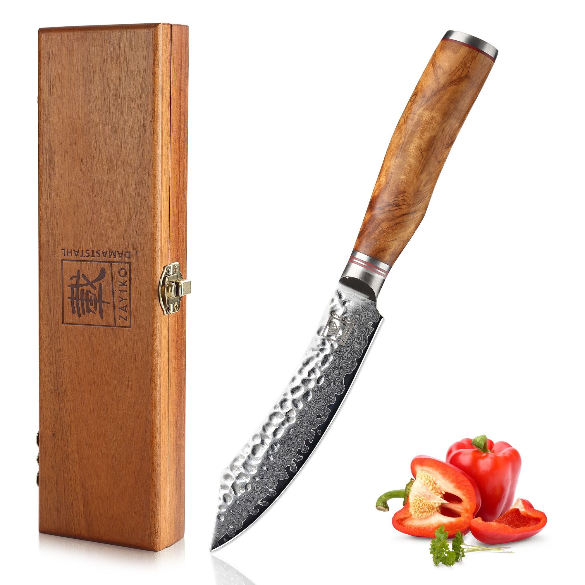 Steakmesser Minami Damast Steakmesser 12 cm Klinge Olivenholzgriff Holzbox (1 Stück), 67 Lagen Damaststahl, VG-10 Stahlkern