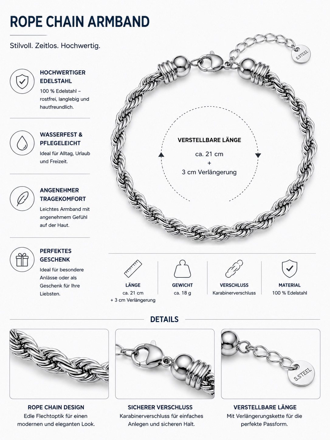 Brise Schmuck Armband Armband Damen Rope Chain verstellbar 21+3 cm (Einzelartikel, 1 Armband), Elegantes Rope-Chain-Armband mit verstellbarer Länge