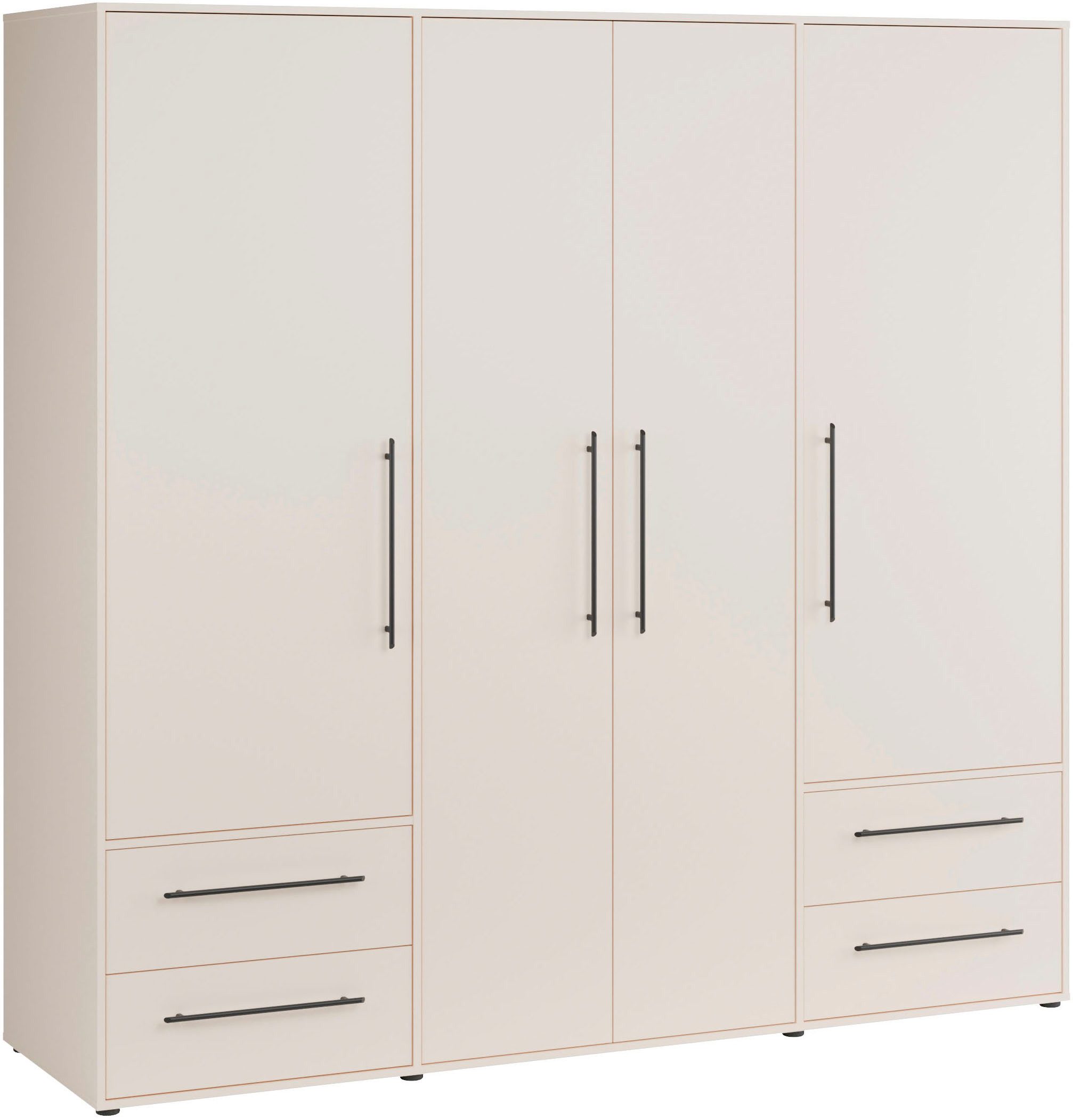 FORTE Kleiderschrank Mokkaris, Garderobe, zeitloses Design, 4 Türen, Made in Europe (B/H/T ca. 206x200x59cm) 4 Schubladen + schwarze Stangengriffe, Made in Europe, viel Stauraum