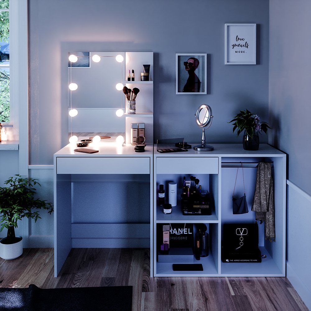 Schminktisch Isabelle, Weiß, 140 cm mit LED Beleuchtung und Schrank