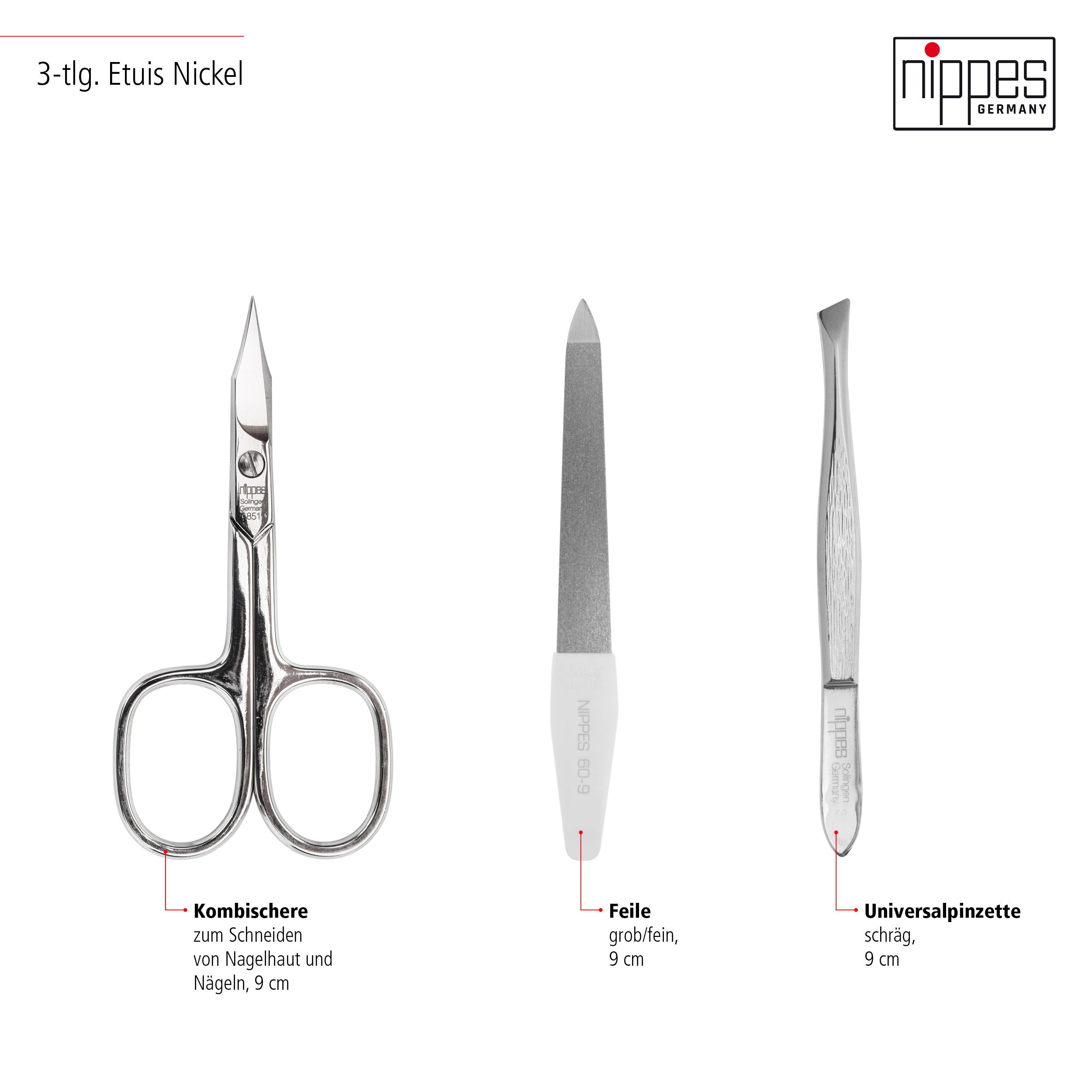 nippes Solingen Maniküre-Etui Maniküre-Set Trendy, 3-teilig, ideal für Reisen, Leder im Kroko-Look