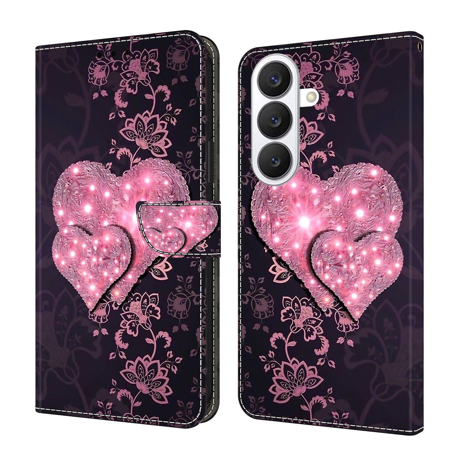 CLM-Tech Handytasche für Samsung Galaxy S26 PU-Leder Klapphülle (rosa Herzen, 1-tlg., Flip Case), Magnetverschluss, Kartenfächer und Standfunktion