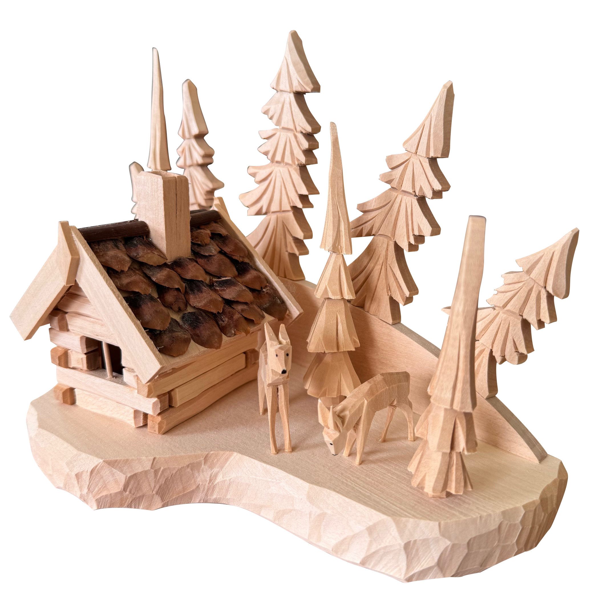 SAICO Original Räucherhaus Schnitzerei mit von Hand geschnitzten Rehen und Tannenbäumen, Räuchermännchen - Inklusive Teelichthalter