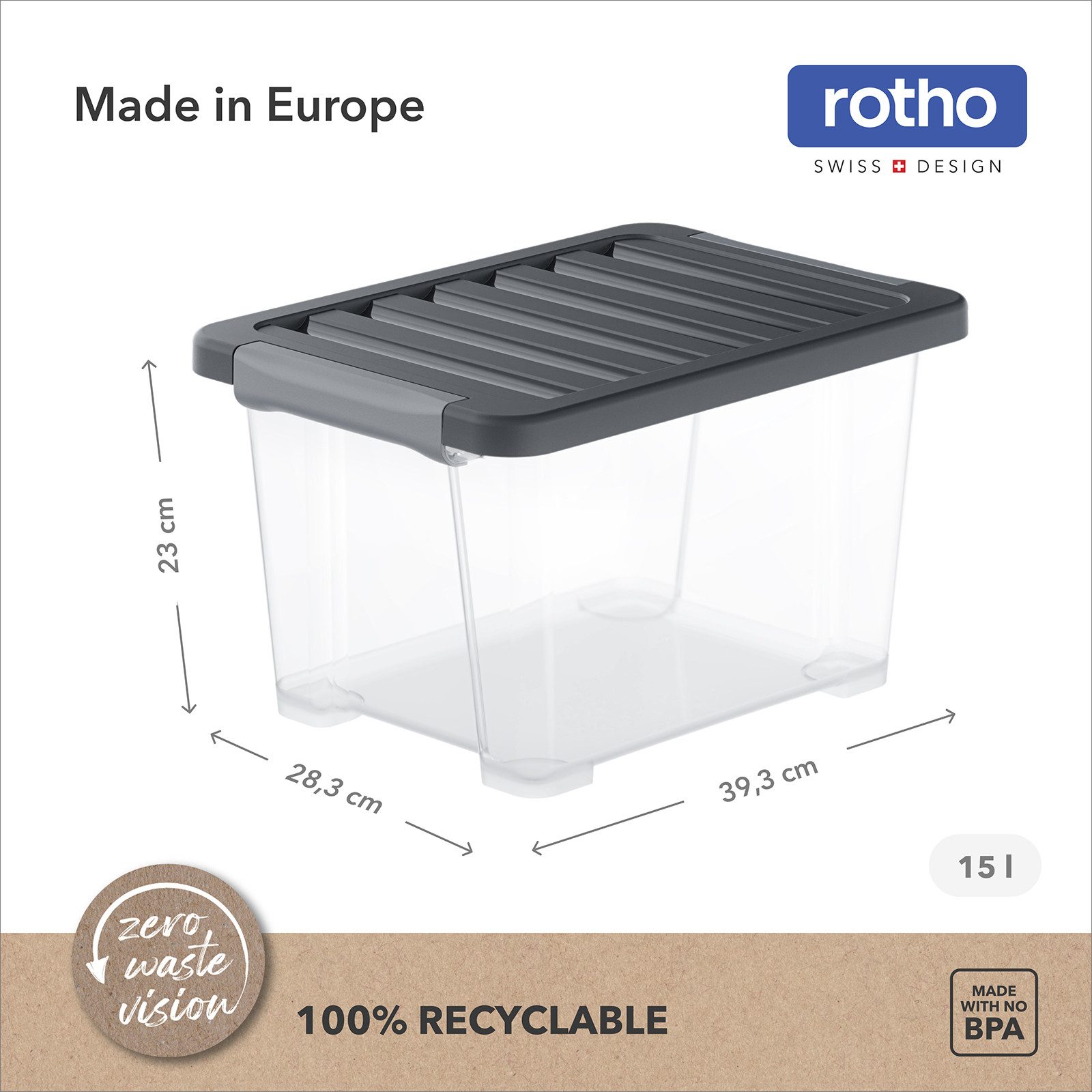 ROTHO Aufbewahrungsbox 4er-Set CORE PLUS 15 L stapelbare Box mit Deckel (Lagerboxen-Set, 4er-Set), Lagerbox ideal für Spielzeug, Vorräte und Haushaltsartikel – Bild 4 von 5