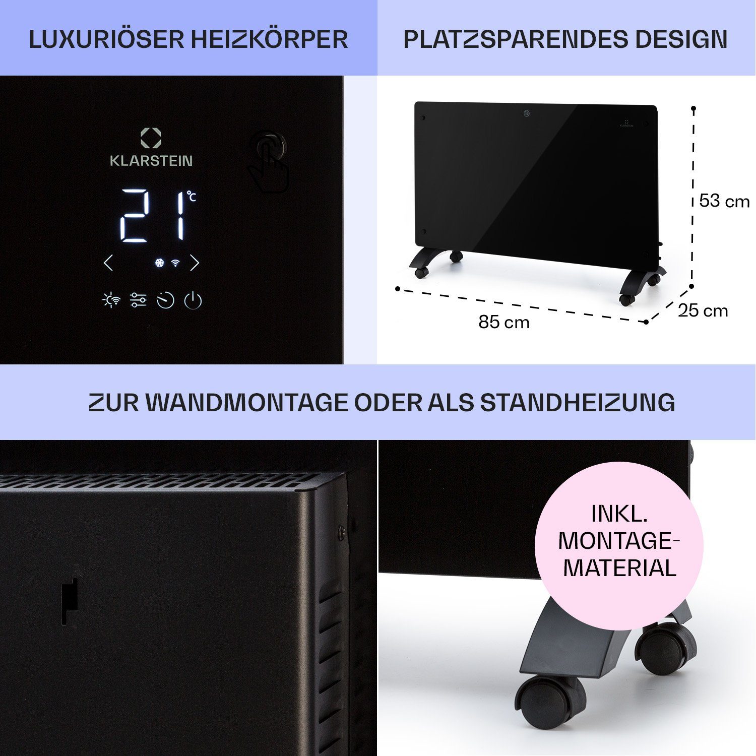 Klarstein Heizstrahler 1500, Heizstrahler Heizung Heizgerät Thermostat 1500 Bansin schwarz W, mit Crystal