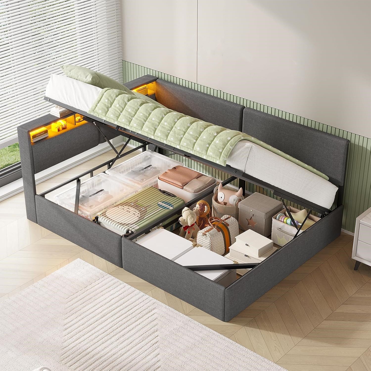 MSMASK Polsterbett mit USB-Steckdosen & LED-Kopftei, Hydraulischem Stauraum (1-tlg., Ohne Matratze), Daybett Kinderbett Jugendbett Schlafsofa 140x200 cm