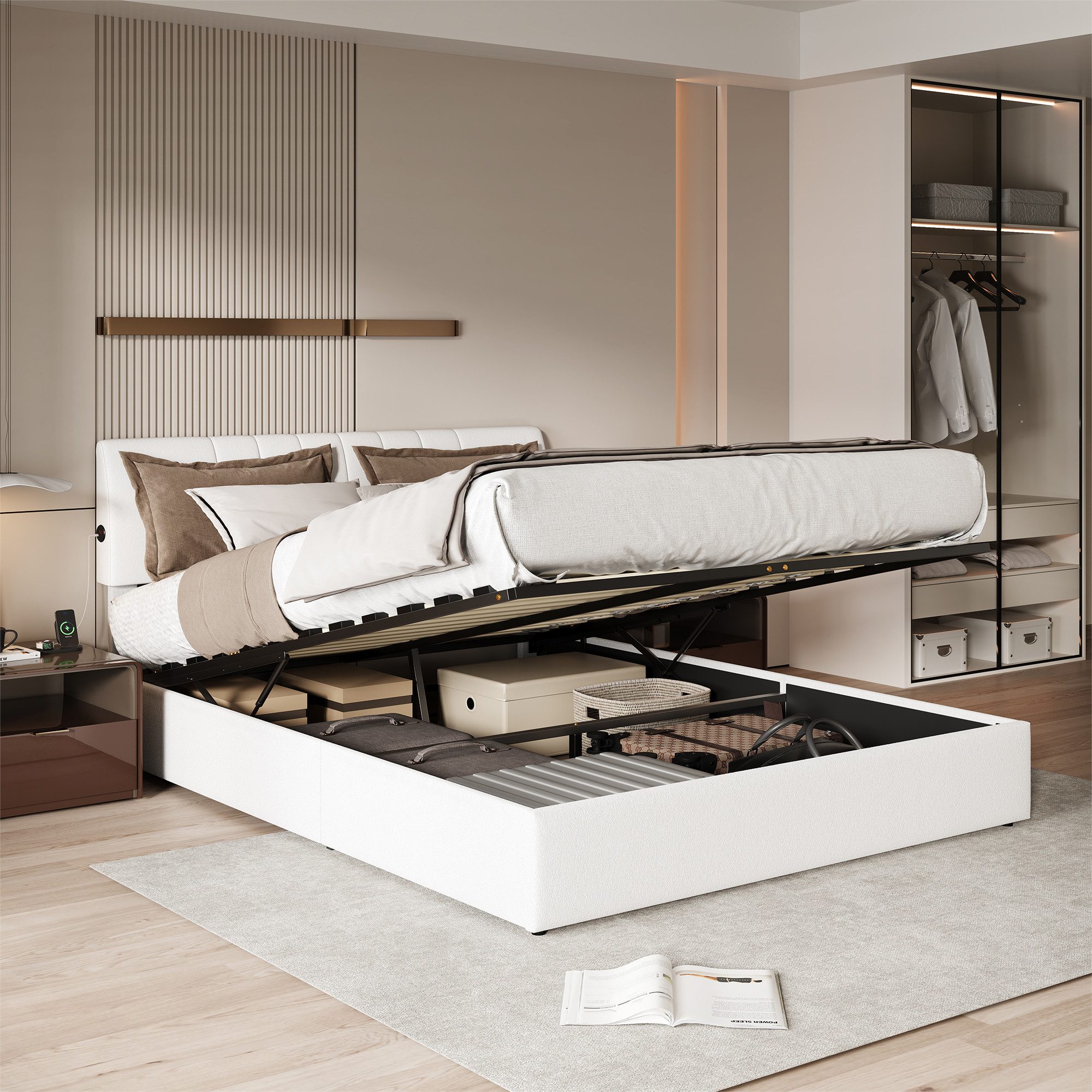 Furnishings Home Polsterbett Doppelbett 140x200cm, Stauraumbett mit Bettkasten (1-tlg., Teddy-Samt material Polsterbett mit 2 USB + 2 Type-C), mit Lattenrost und Ladefunktion, mit Komforthöhe, Leises Design Bett