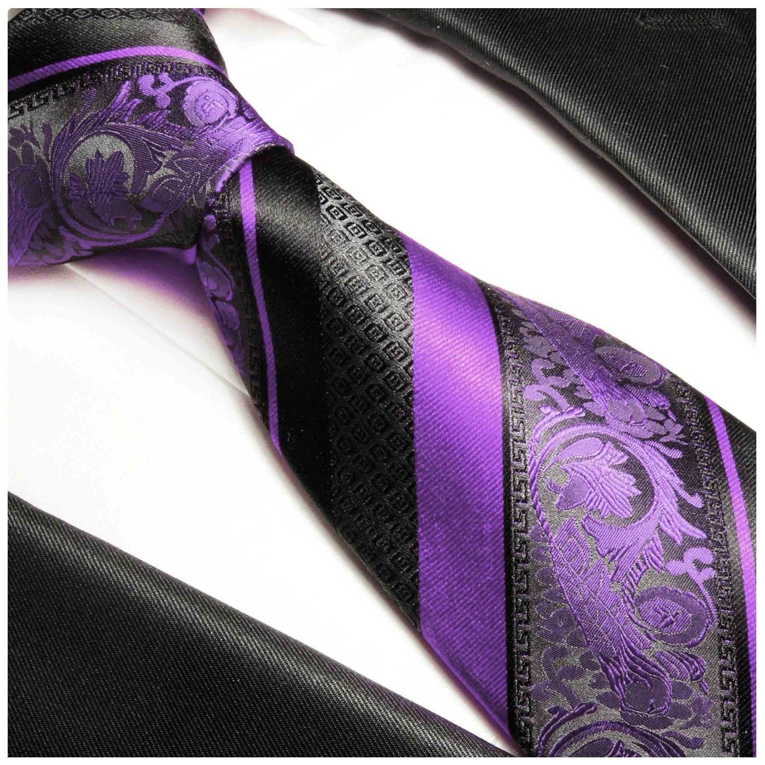 Paul Malone Krawatte Herren gestreift violett Krawatte Schlips Tuch mit mit barock lila (8cm), Einstecktuch) Seidenkrawatte (Set, Seide 100% Breit 2-St., 498 schwarz