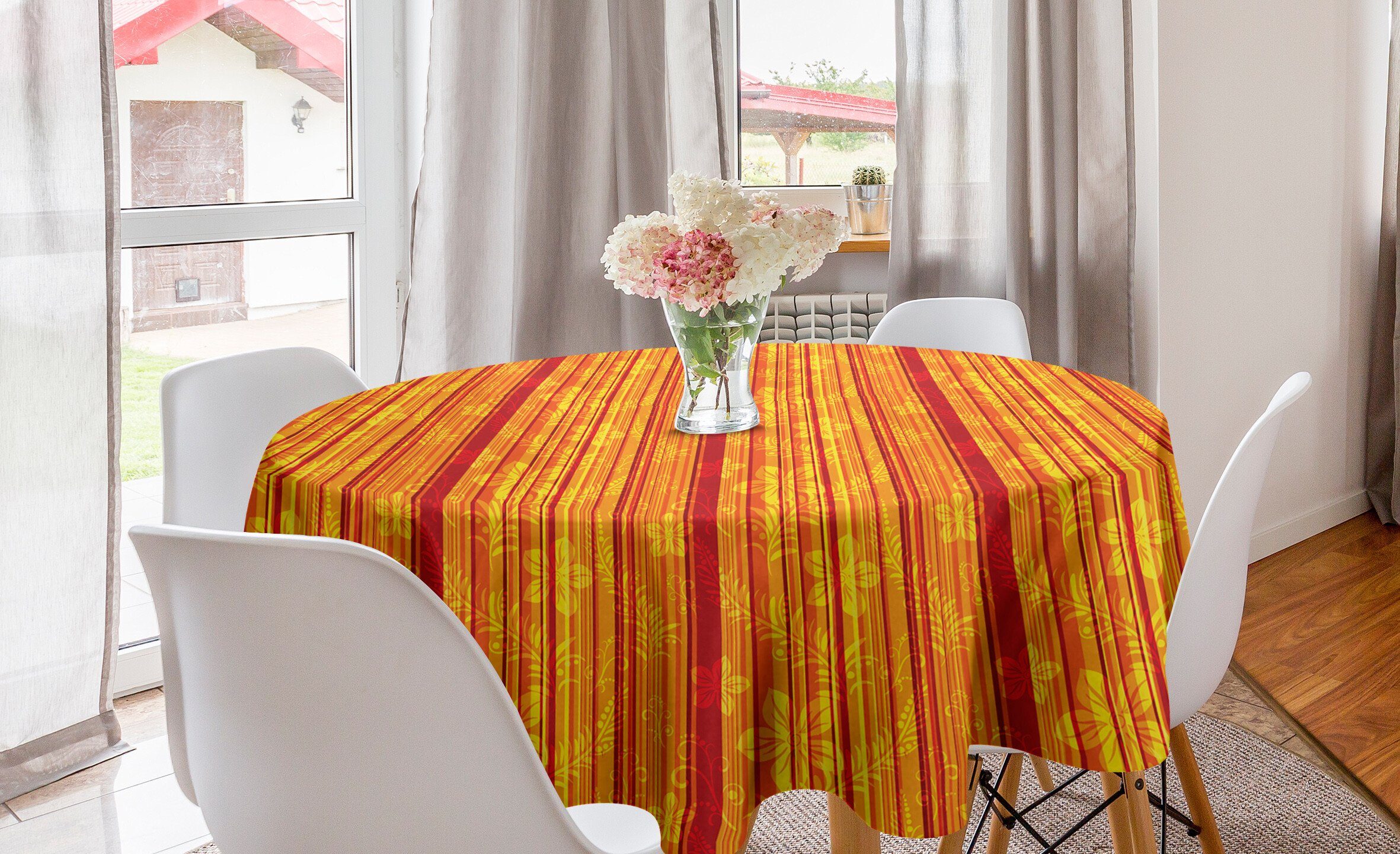 Abakuhaus Tischdecke Kreis Tischdecke Abdeckung für Esszimmer Küche Dekoration, Orange Vertikale Streifen Floral