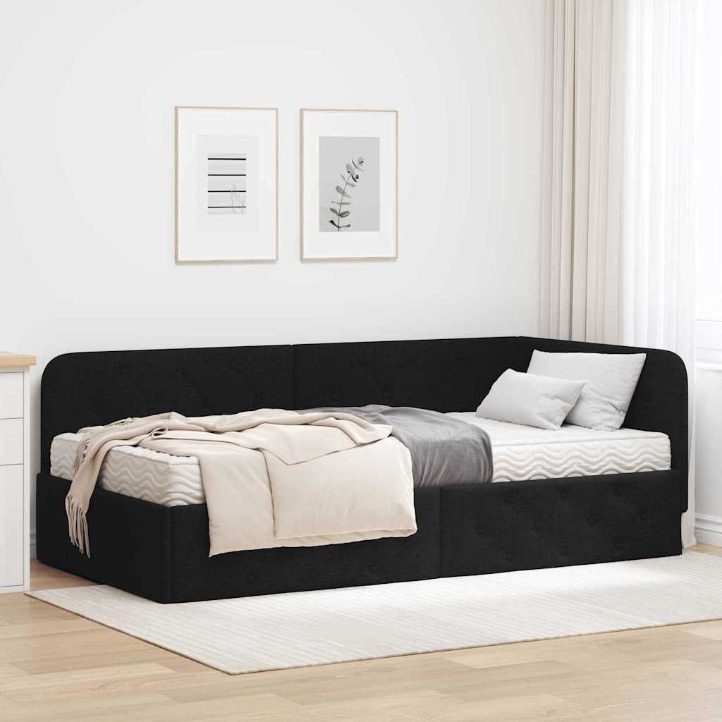 furnicato Daybed Eckbettgestell 90 x 200 cm Schwarz, Umkehrbares Kopfteil Tagessofa mit Matratze für dein Gästezimmer