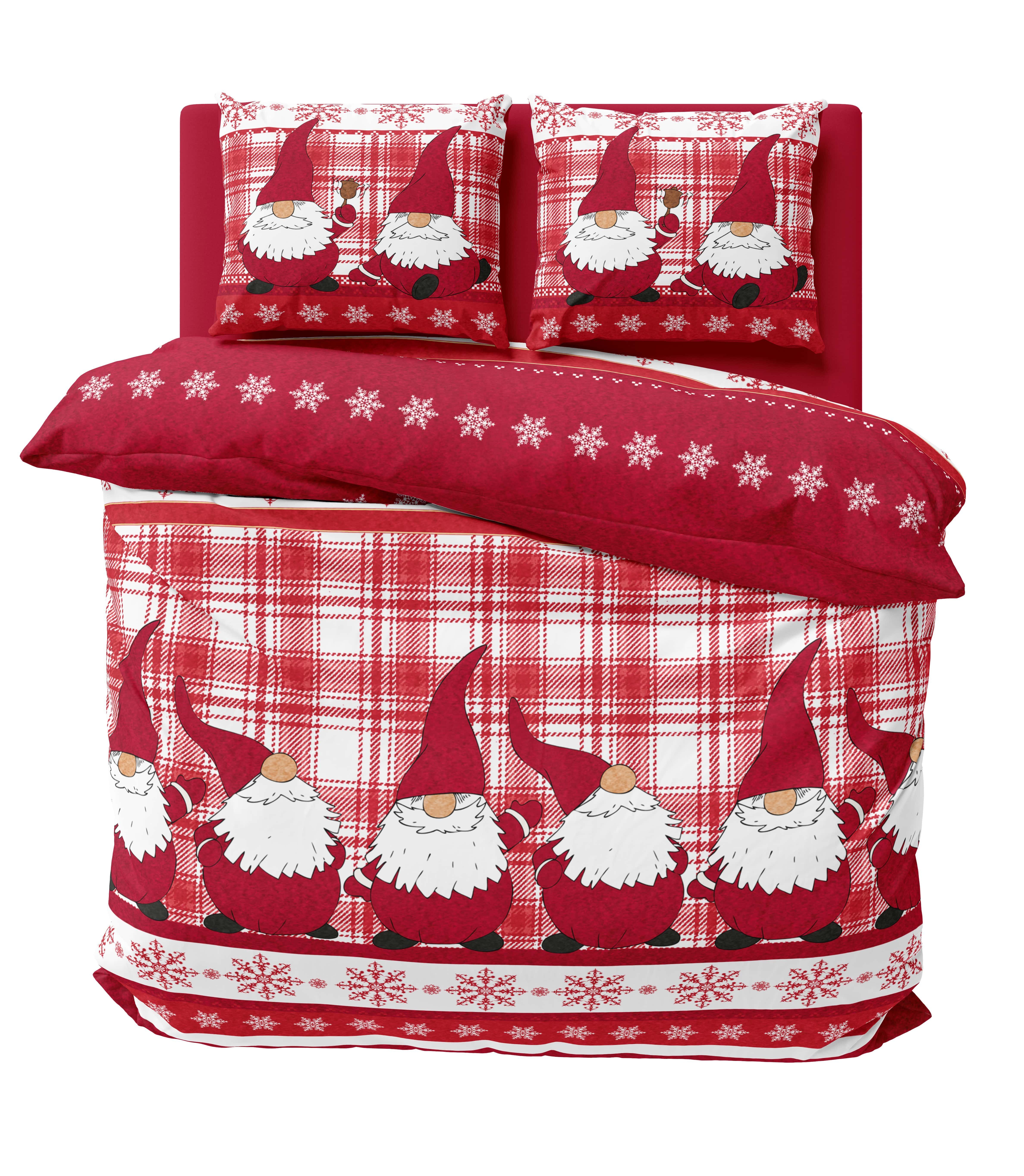 One Home Bettwäsche Wichtel Weihnachten, Fleece, 3 teilig, Christmas kariert, kuschelig flauschig warm weich Winter Doppelbett