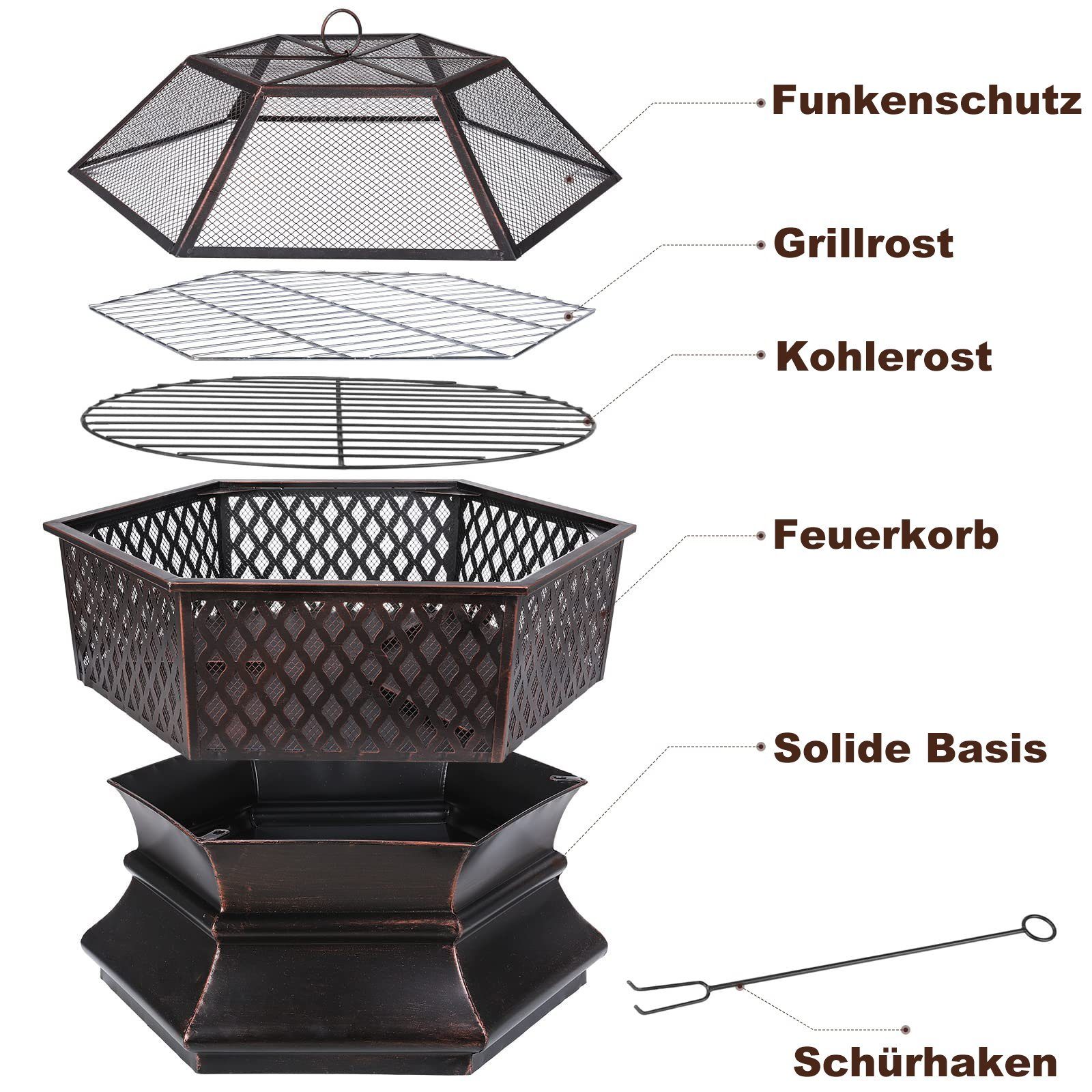 TLGREEN Feuerschale mit Grillrost und Funkenschutz, (Sechseckige Feuerstelle, Solide und Stabil), 71/66,XXXL, Feuerschalen für den Garten