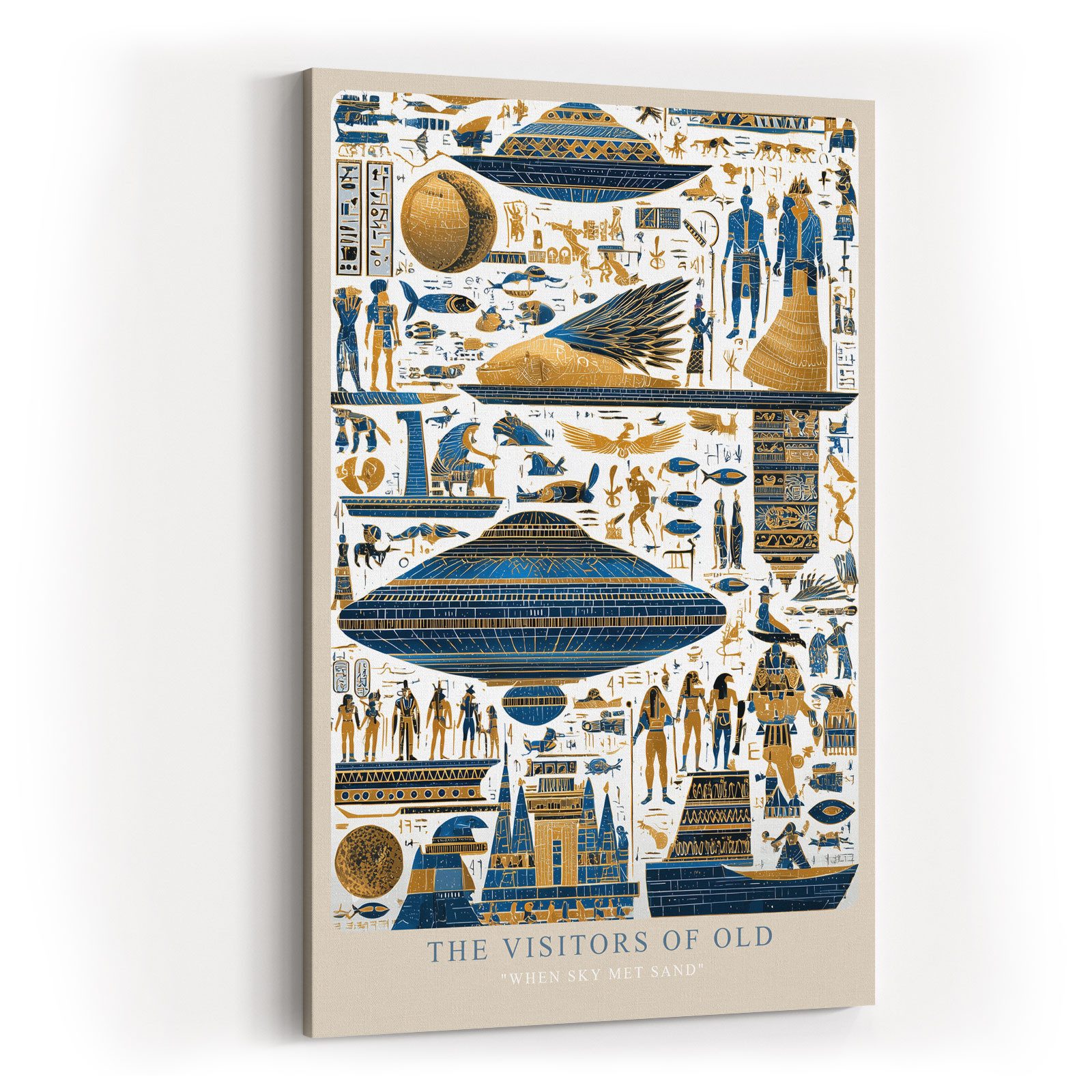 Sinus Art Leinwandbild UFO Götter Ägypten Hieroglyphen Gold Blau Mystery Sci-Fi Wandbild