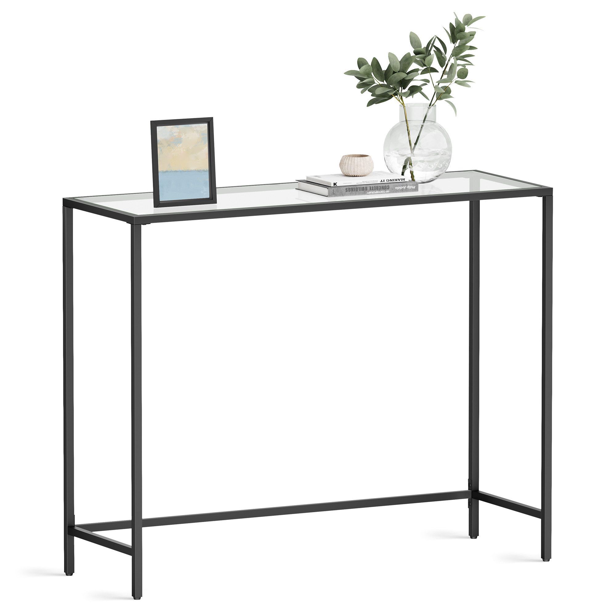VASAGLE Konsolentisch Beistelltisch, Oberfläche aus Hartglas, moderner Sofatisch, einfacher Aufbau, verstellbare Füße, Wohnzimmer, Flur