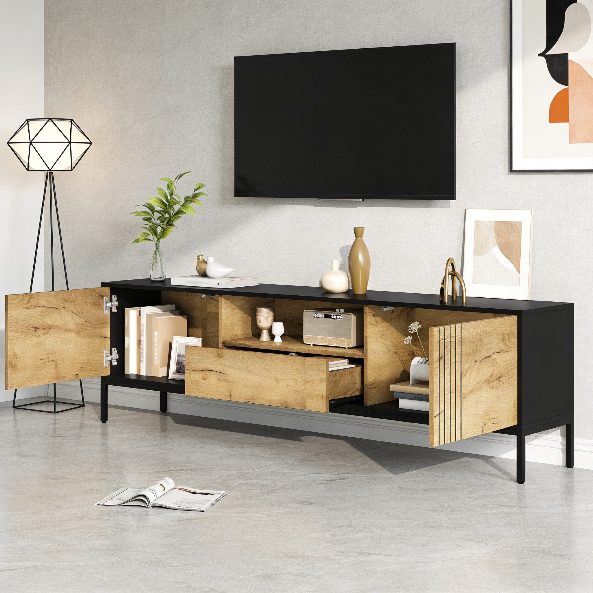Merax Lowboard Fernsehtisch TV-Ständer Wohnzimmerschrank (1 St., geeignet für Fernseher bis zu 70 Zoll), TV-Schrank mit Schublade, offenen Fächern & Stauraum, 170x35x50cm