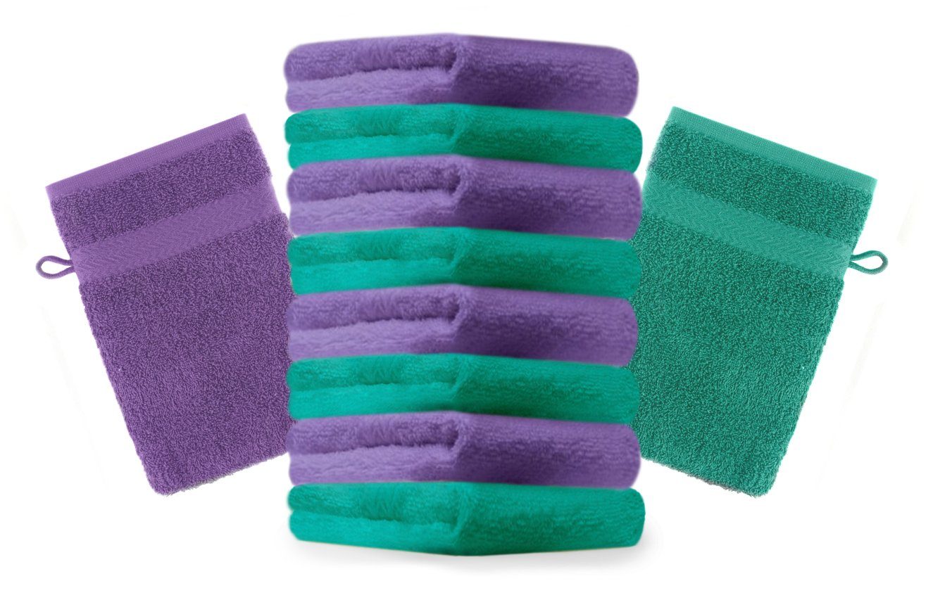 Betz Waschhandschuh 10 Stück Waschhandschuhe Premium 100% Baumwolle Waschlappen Set 16x21 cm Farbe smaragdgrün und lila