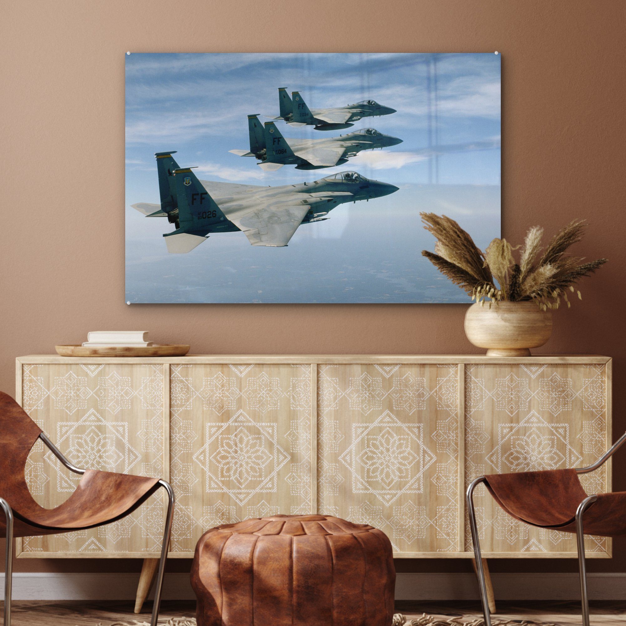 (1 Acrylglasbild Wohnzimmer St), der Acrylglasbilder & in Luft, Drei Militärflugzeuge Schlafzimmer MuchoWow