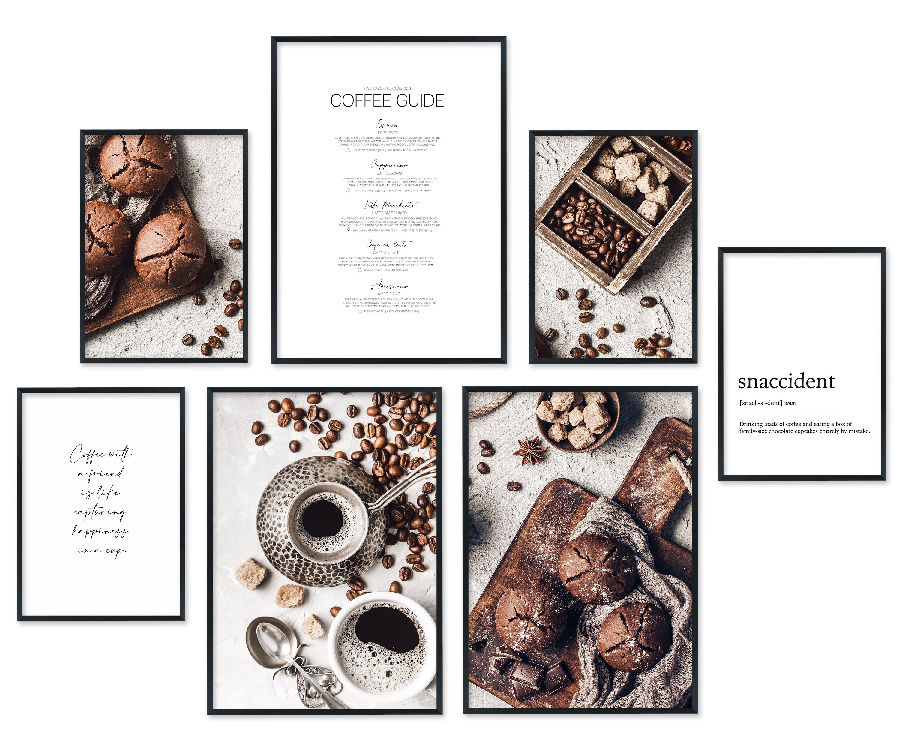 Hyggelig Home Плакат Kaffee & Muffins, Premium Плакат Set OHNE & MIT Rahmen - 7 Wandbilder, Essen (Set, 7 St), Collage Coffee Lover, Qualitätsdruck dickes Papier