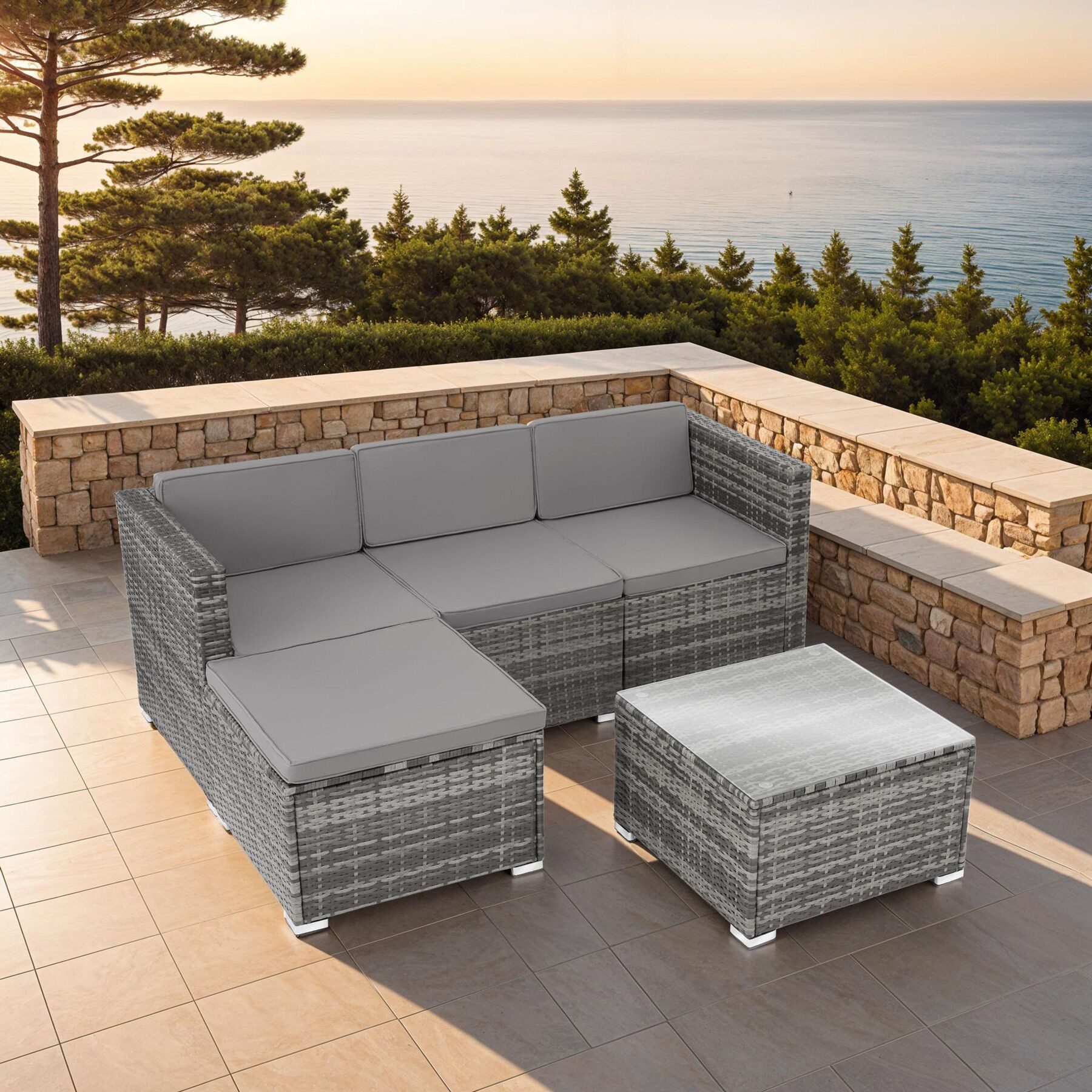 tectake Loungeset rattan sitzgruppe lignano mit uv-beständigem geflecht, (garden lounge set Lignano, 5-tlg., in Grad), abnehmbare, waschbare bezüge und sicherheitsglas-tisch