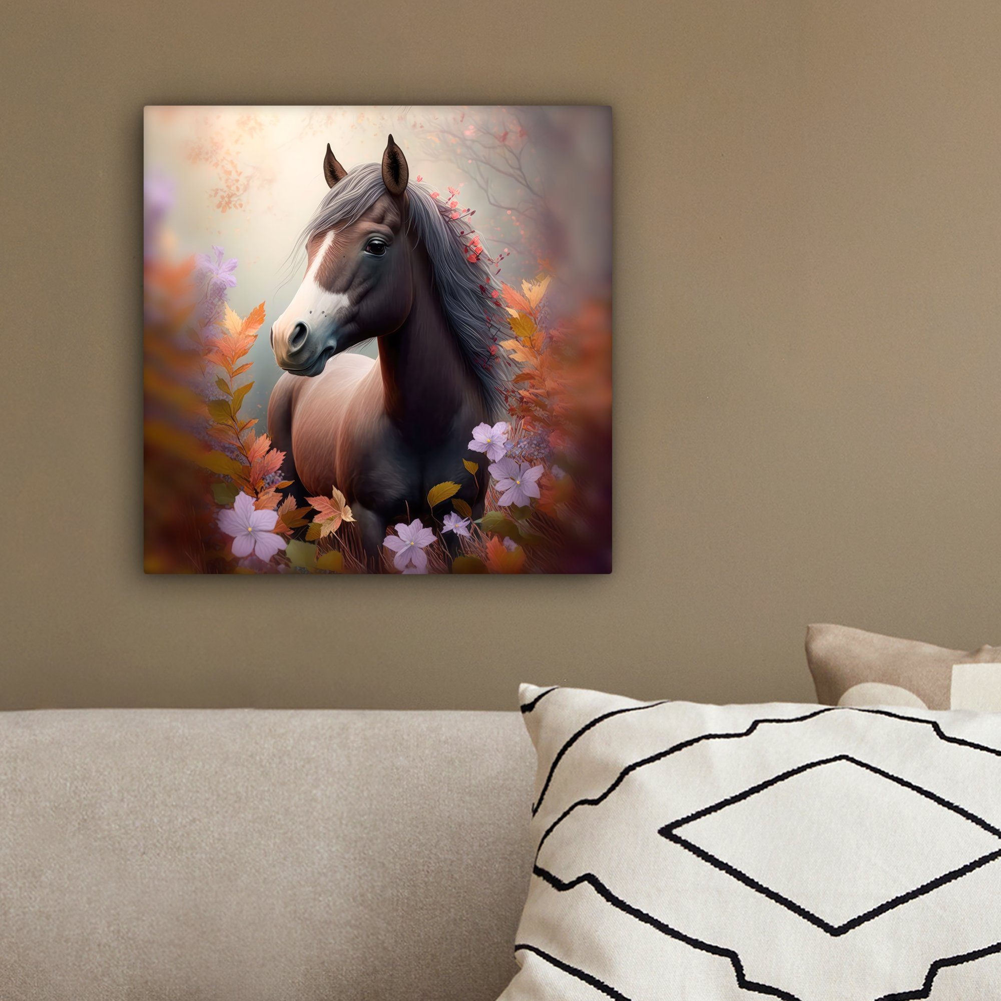 Leinwandbild - Wohnzimmer für Schlafzimmer, (1 - Bilder Lila - cm St), - Natur Blumen Pferd OneMillionCanvasses® Leinwand Tiere, 20x20