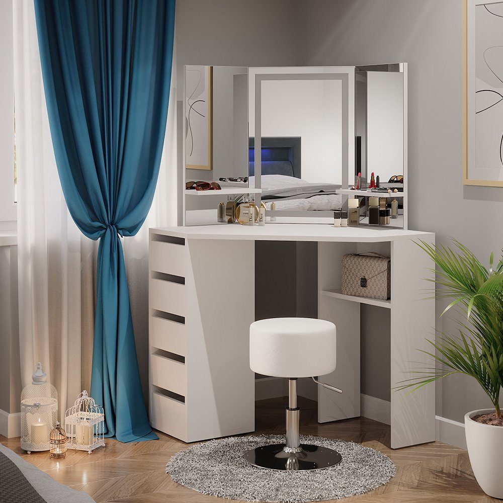 Vicco Schminktisch Arielle, Weiß, 111 cm mit LED-Spiegel und Hocker günstig online kaufen