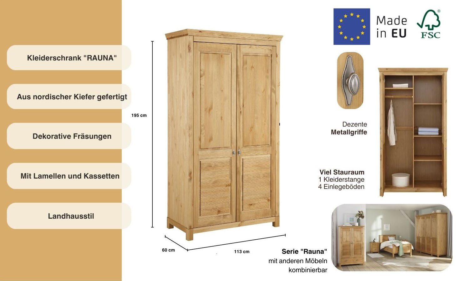 Home affaire Rauna Kleiderschrank Landhausstil Kiefer