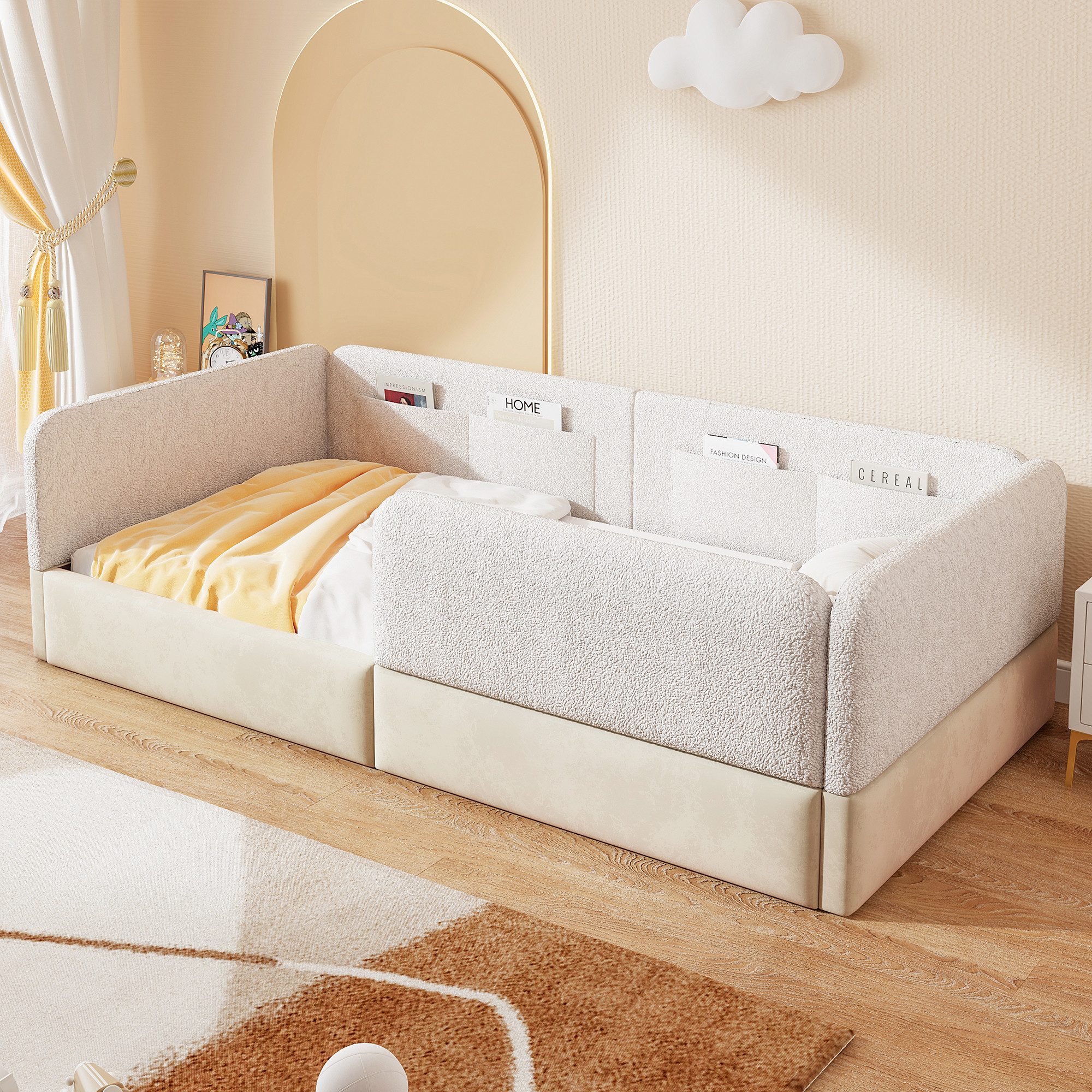 STILVORA Polsterbett 90x200 mit Sicherheitsgeländer Kinderbett Schlafsofa, weiß (Gepolstertes Plattformbett 90 × 200 cm, Weiß, Samtstoff, PU-Untergestell, Holzrahmen), Schutzgeländer, Aufbewahrungstaschen, stabiles Holzgestell