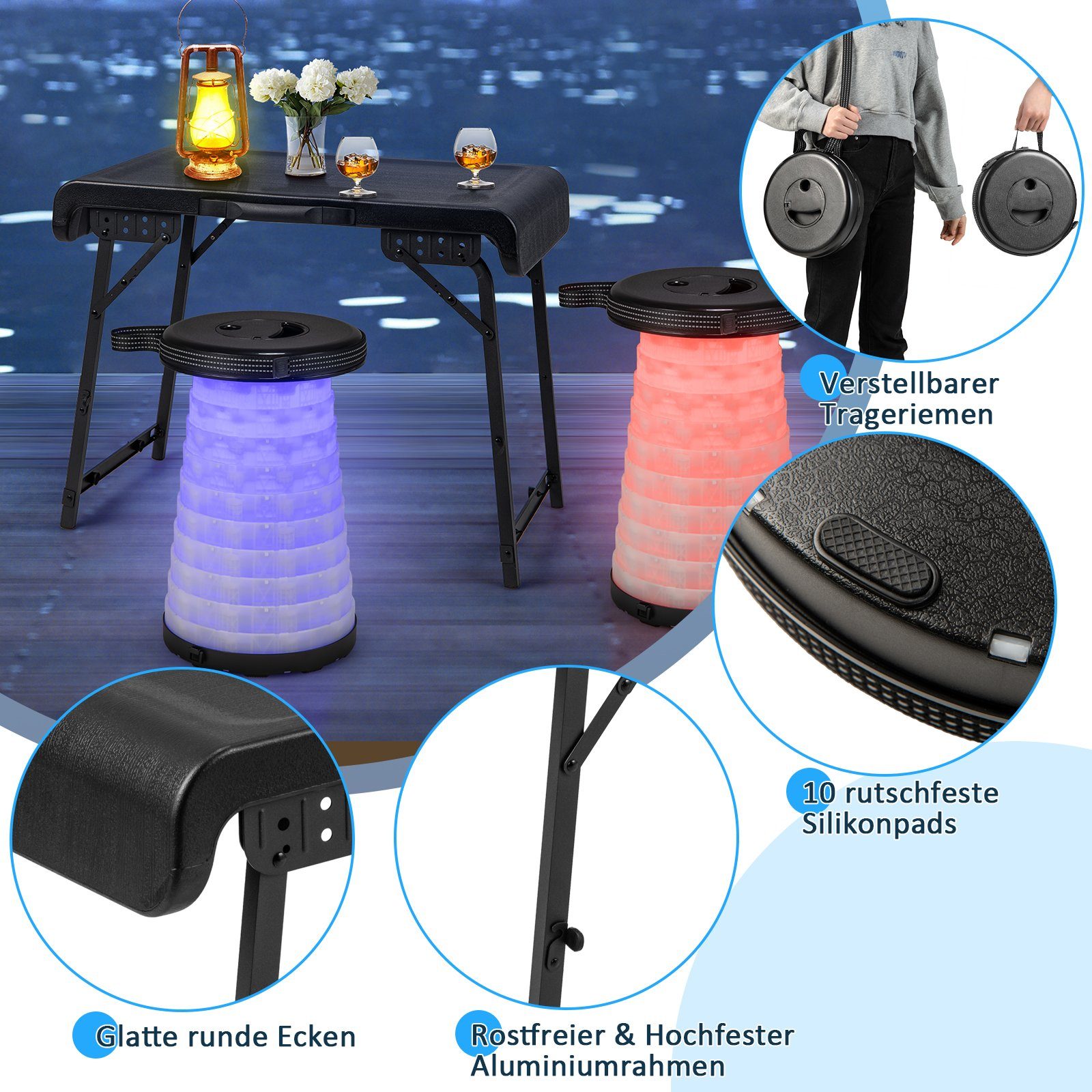 COSTWAY Campingtisch mit 2 LED Klapphockern günstig online kaufen