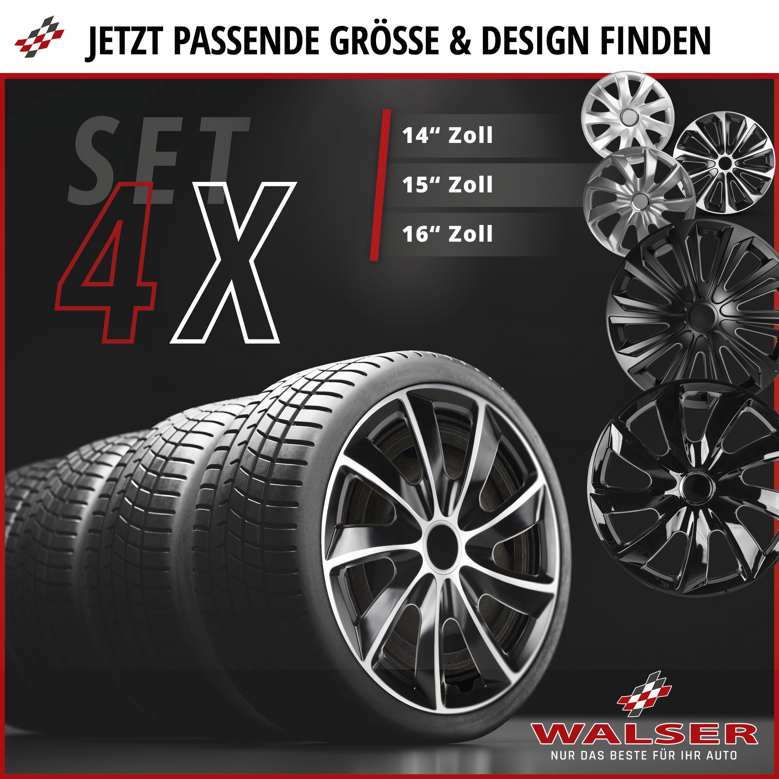 WALSER Reifentasche Radzierblenden Racer 14 Zoll, 4er Satz schwarz (4-tlg., 1 Set)