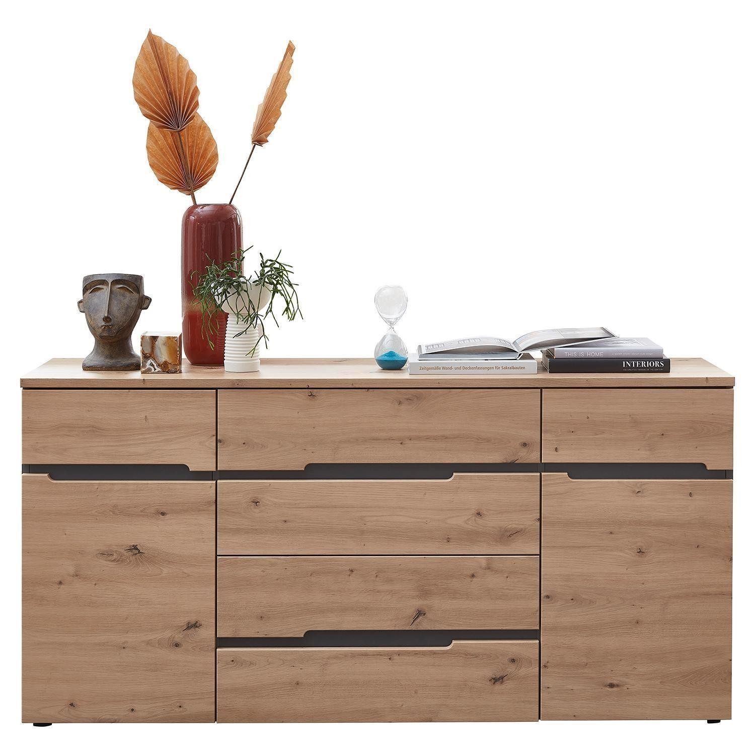 Innostyle Sideboard MEMPHIS, Artisan Eiche Dekor, Graphitgrau, 2 Türen, 3 Schubladen, B 165 x H 82 x T 44 cm