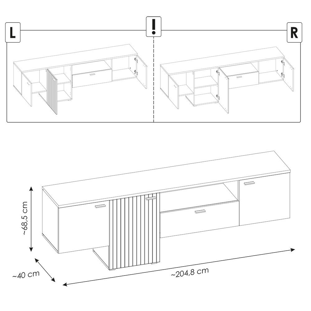 Lomadox Wohnwand ASHBURTON-129, grau Eiche, Beleuchtung mit inkl. 3-tlg), (3-St