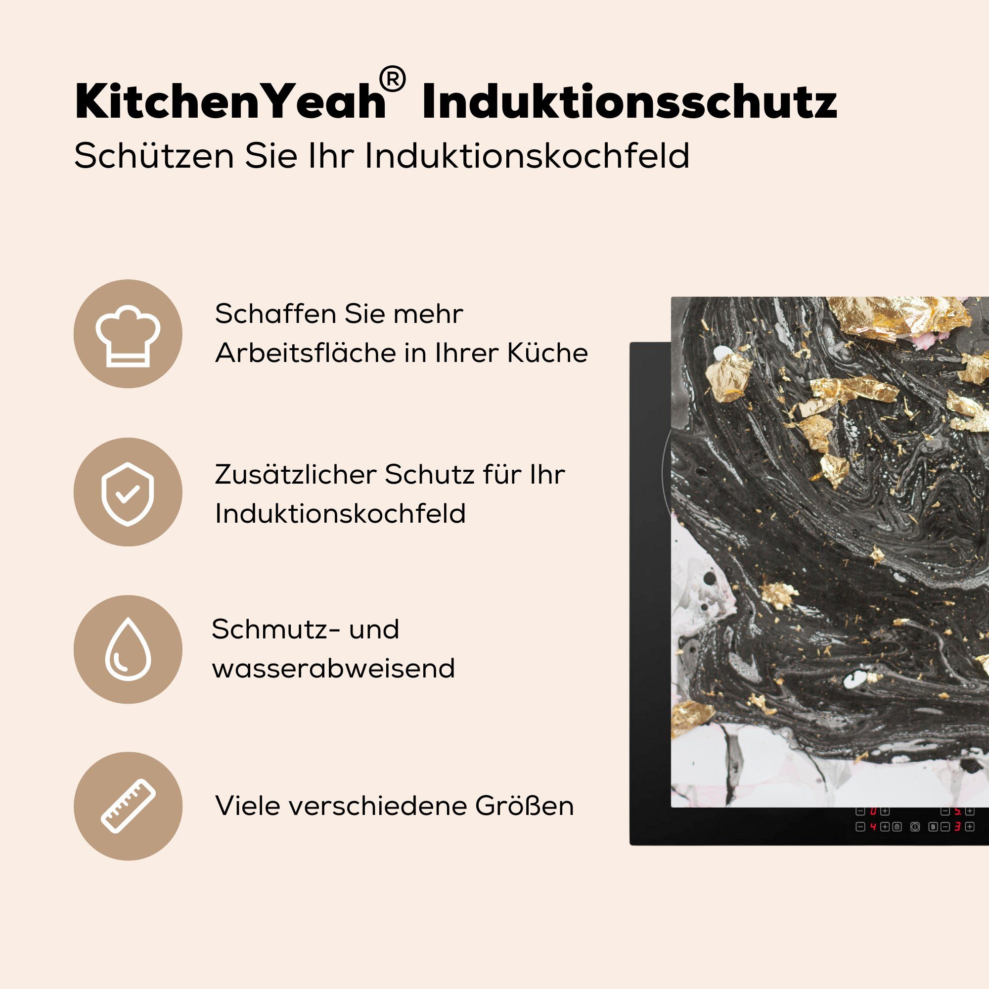 Marmor Arbeitsplatte Herdblende-/Abdeckplatte für Muster Ceranfeldabdeckung, - küche MuchoWow - cm, Vinyl, (1 tlg), - Schwarz 78x78 Weiß,