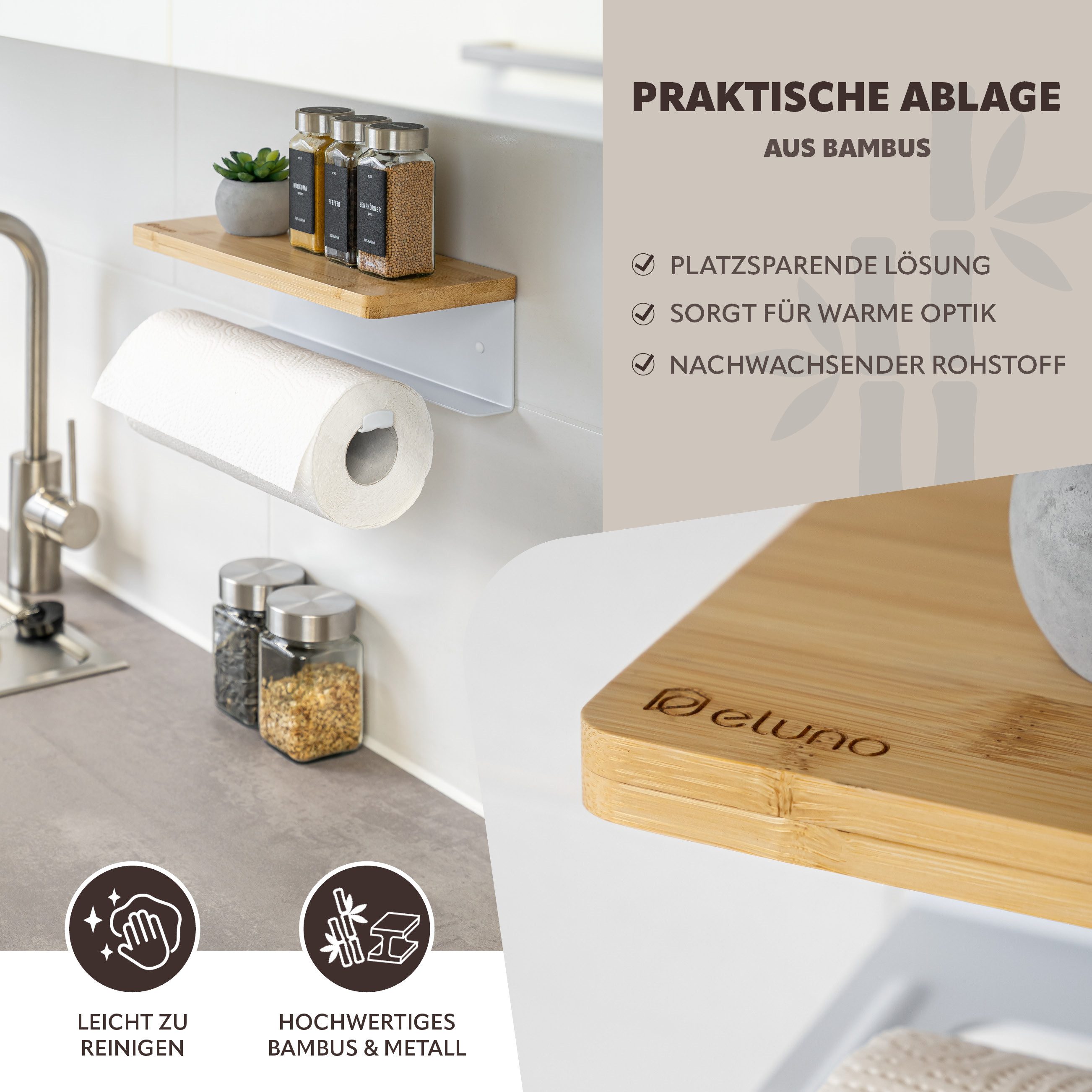 eluno Wandrollenhalter Küchenrollenhalter mit Bambusablage zur Wandmontage, (1-St., zum Kleben sowie Bohren), mit Bambusablage