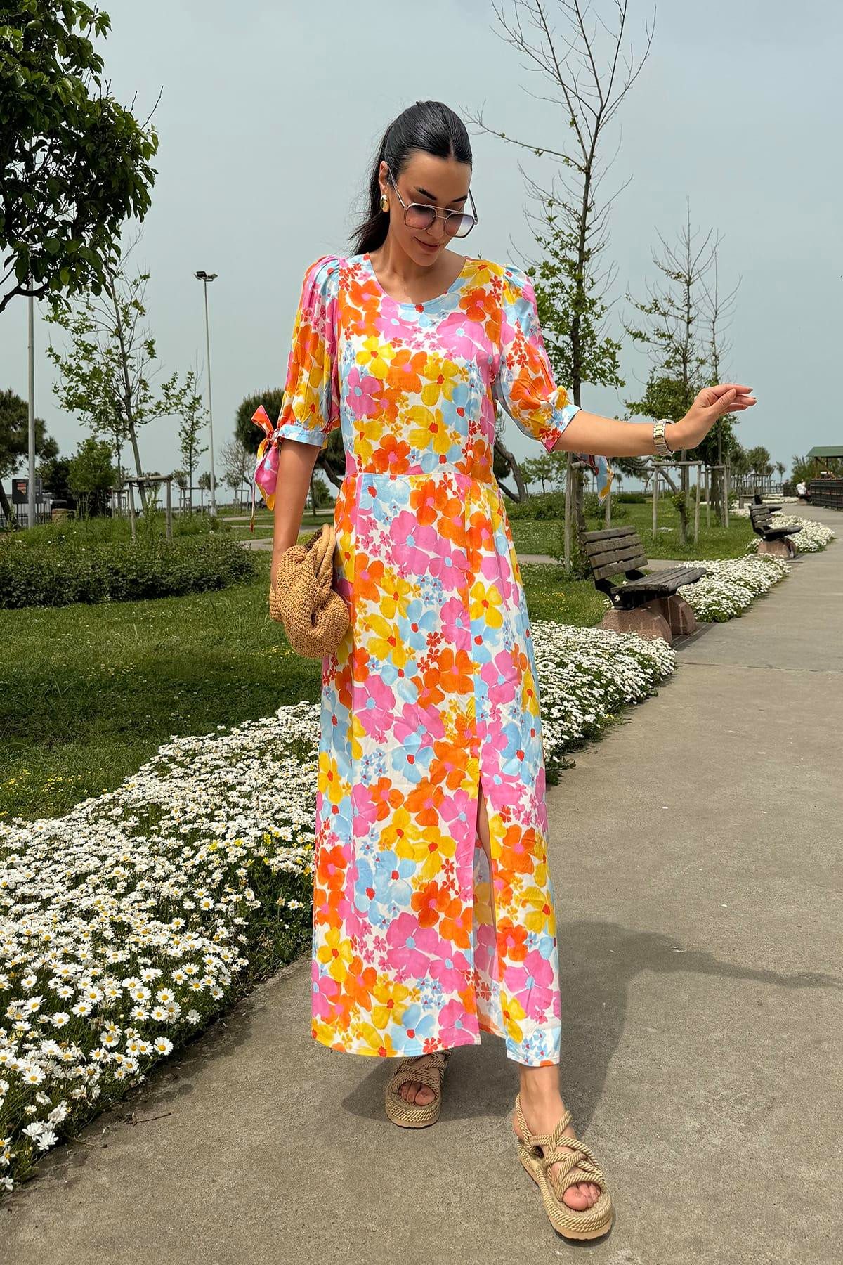 For You Moda Midikleid Natürliches Viskosemuster Split Maxikleid günstig online kaufen