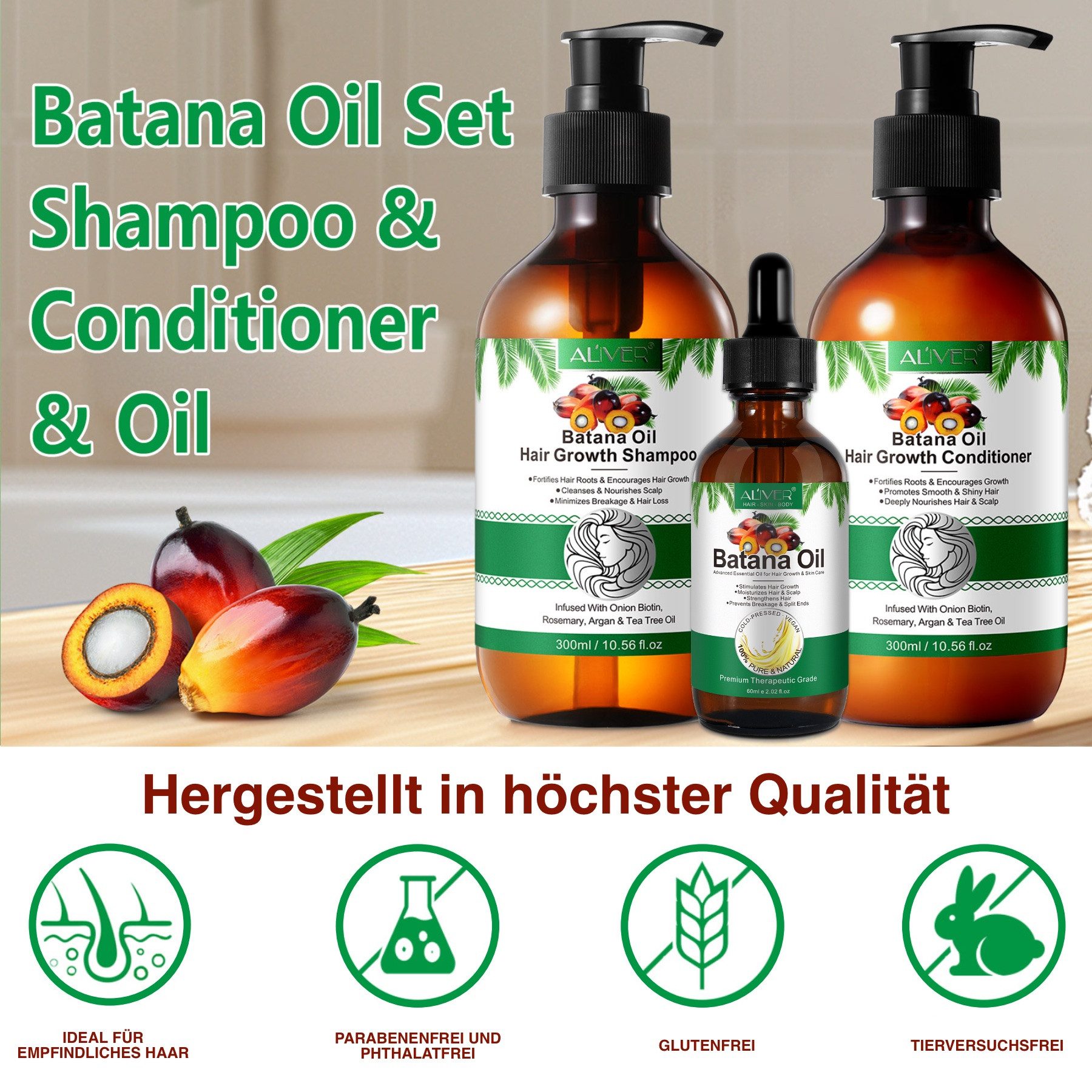 ALIVER Haarpflege-Set Set Batana Haar Shampoo Conditioner Öl Haaröl Haarwachstum Vegan, Haarpflege, Haarwachstum,Kopfhautpflege
