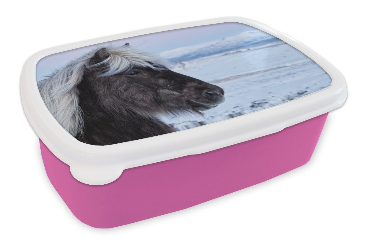 MuchoWow Lunchbox Pferd - Schnee - Island, Kunststoff, (2-tlg), Brotbox für Erwachsene, Brotdose Kinder, Snackbox, Mädchen, Kunststoff rosa