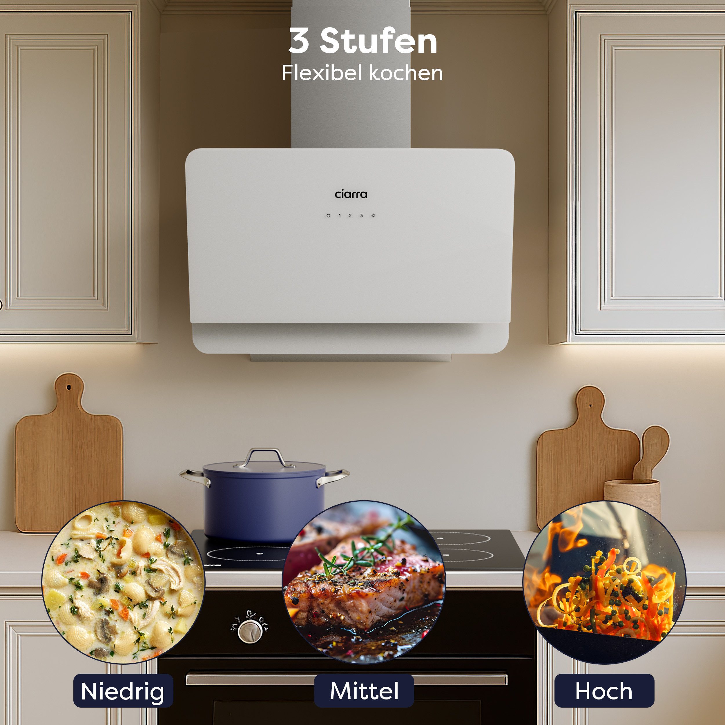 CIARRA Kopffreihaube 60cm Dunstabzugshaube A+ 590 m³/h SensorTouch Umluft & Abluft VM6765CS Leise Schräghaube aus Edelstahl Glas Aktivkohlefiltern, Fettfiltern – Bild 3 von 5