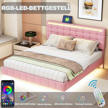 Ulife Polsterbett Doppelbett Gästebett, hautfreundlichem Leinen,160x200cm, gepolsterter Schwebebettrahmen mit LED-Leuchten und Kopfteildesign