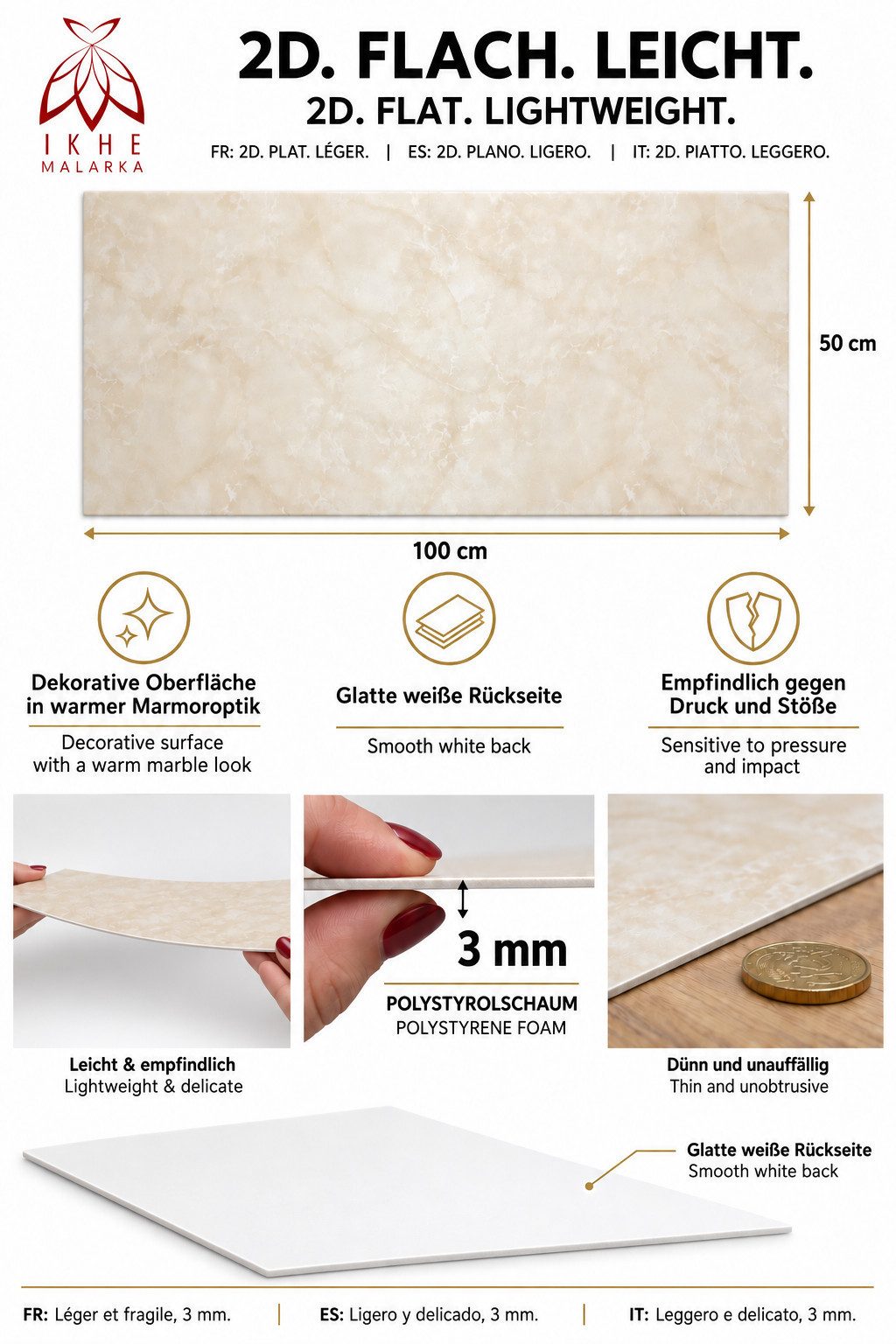 IKHEMalarka 3D Wandpaneel Betonoptik Marmor Ziegel aus Polystyrol Styropor XPS, BxL: 50,00x100,00 cm, 0,50 qm, (1 Stück, 0,5m) Deckenpaneelen - 3mm dick - 100x50cm