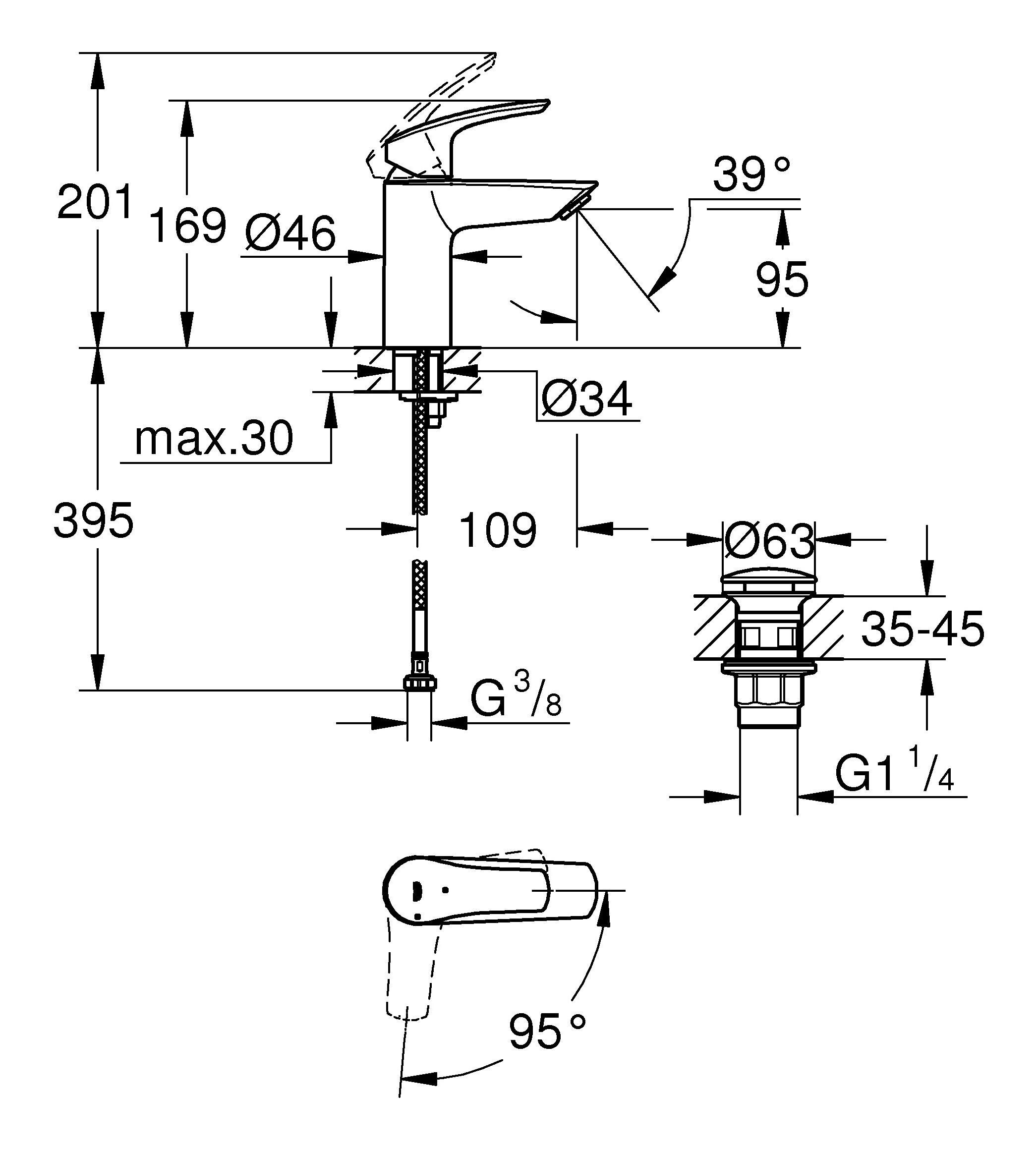 Eurosmart Waschtischarmatur S-Size Einhand m. m. Push-open-Ablaufgarnitur Grohe Energie-Spar-Funktion