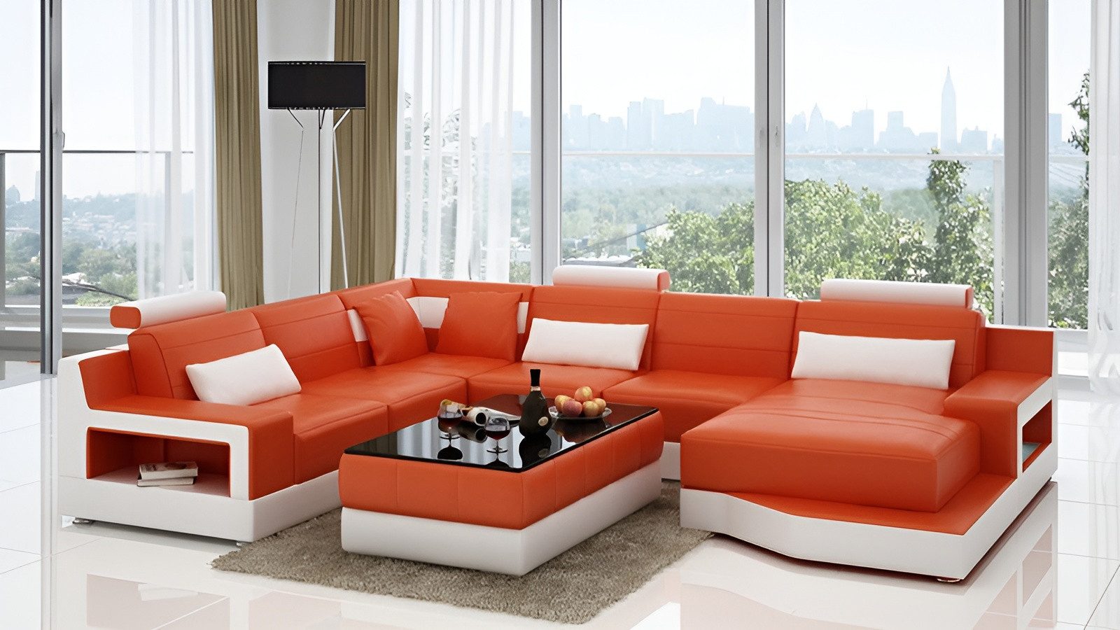 Xlmoebel Wohnlandschaft Ledersofa L6005 in modernem Design mit großzügiger Sitzfläche, Wohnlandschaft, Hergestellt in Europa