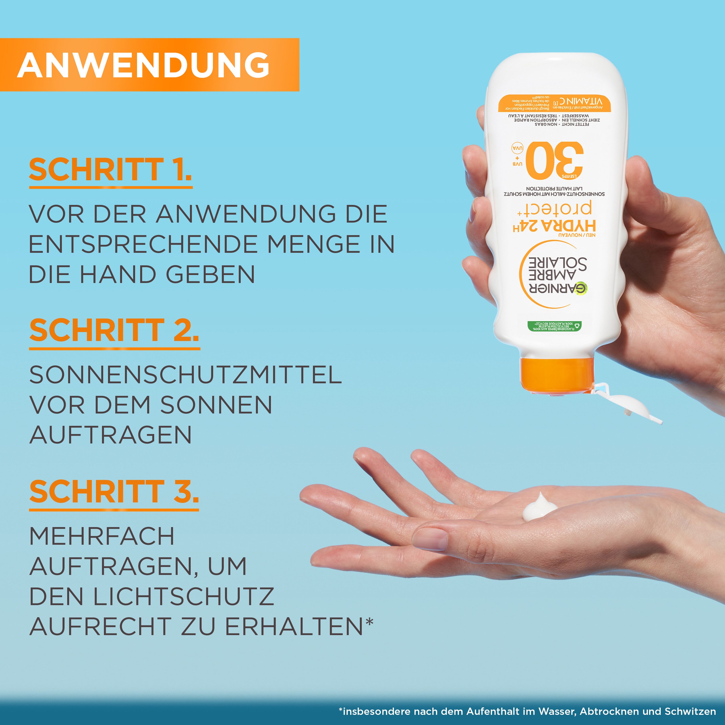 GARNIER Sonnenschutzmilch AMBRE SOLAIRE HYDRA PROTECT+ 24H SONNENSCHUTZ-MILCH LSF 30, mit Spray-Textur, schnell einziehend, wasserfest, für alle Hauttypen – Bild 5 von 5
