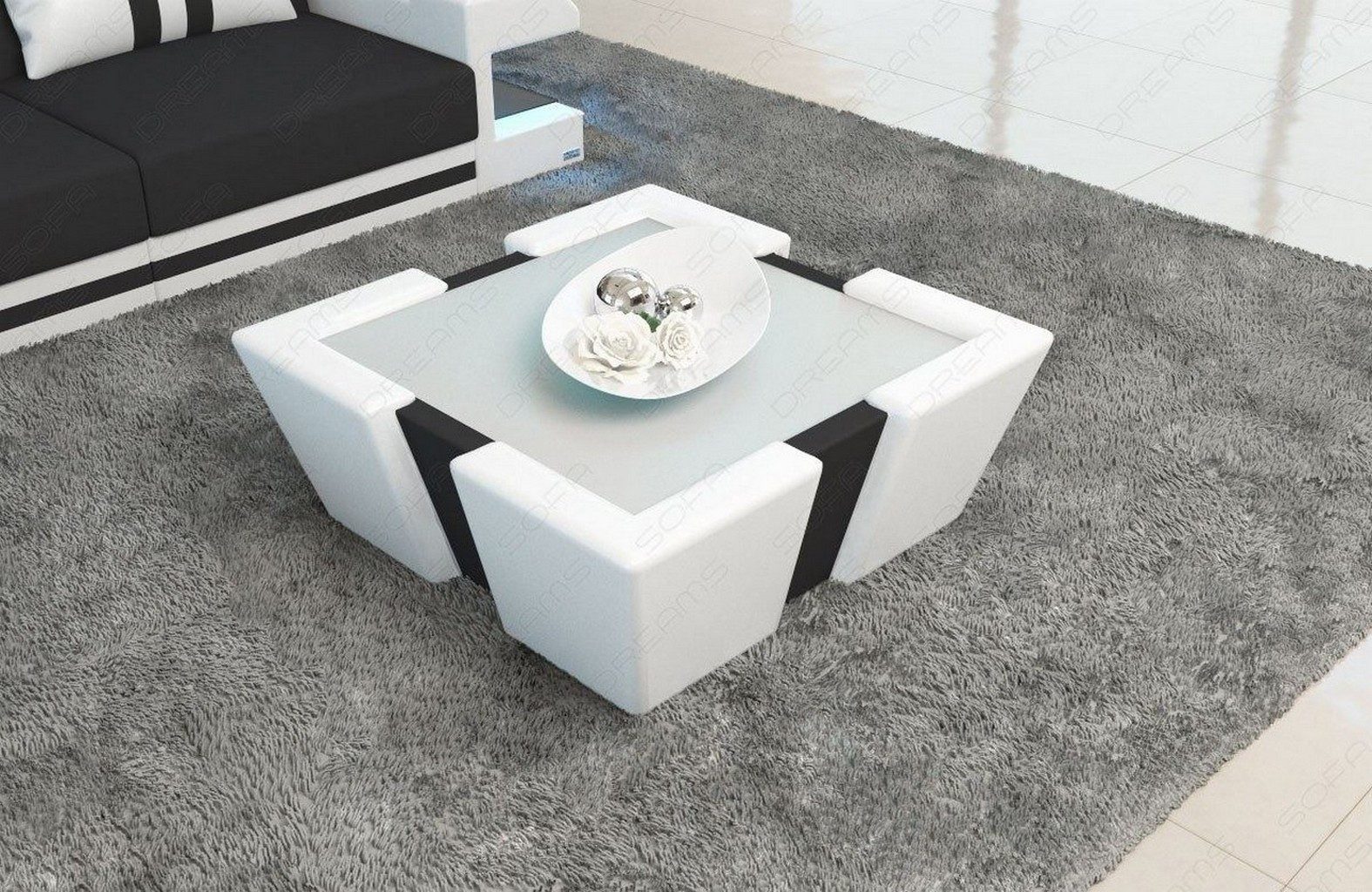 Sofa Dreams Couchtisch Couchtisch Apollonia Tisch Stoff mit Sicherheitsglasplatte 12mm (1 Tisch), Mikrofaser Bezug in Schwarz, Akzentfarbe Kunstleder Weiß