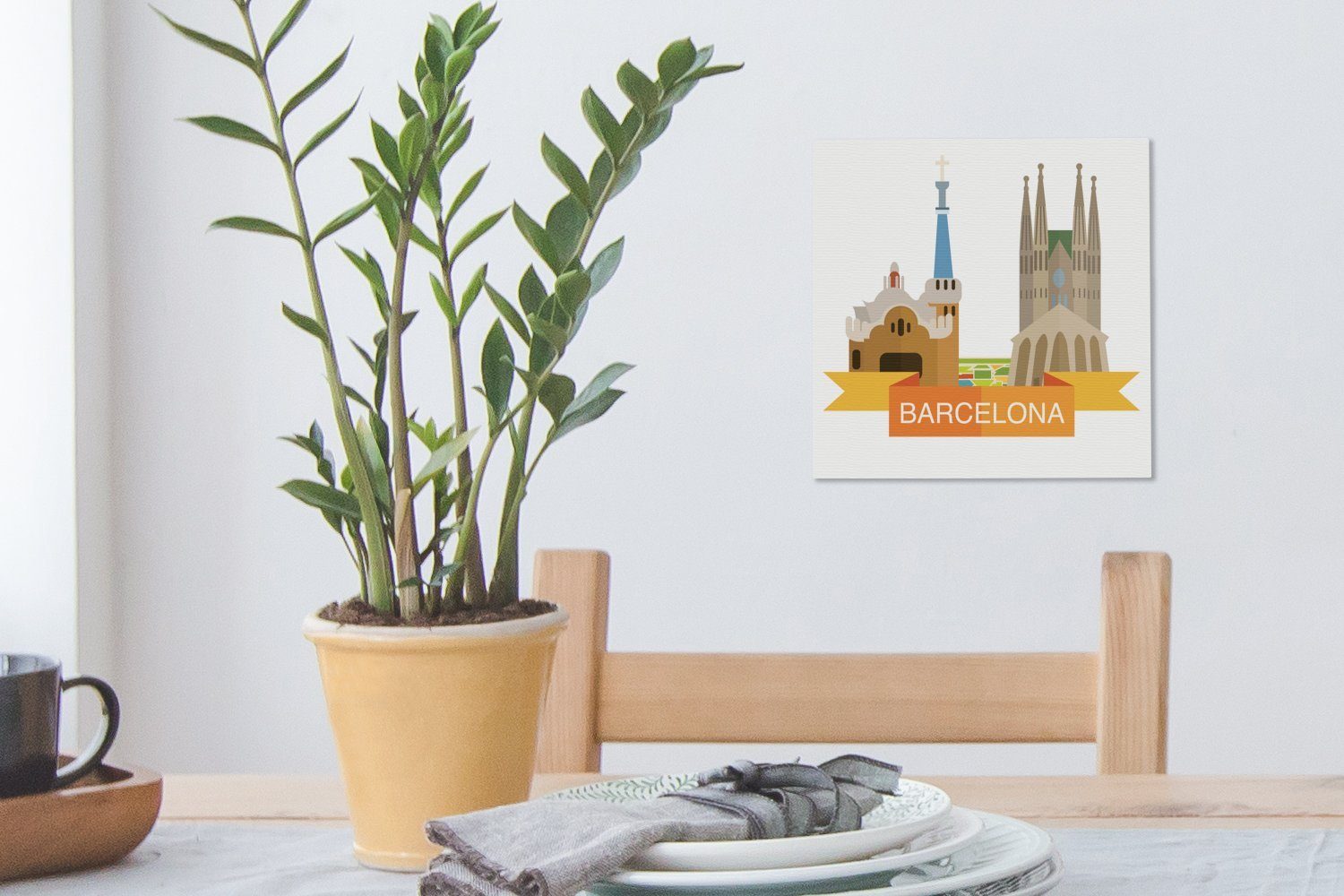 Stadtbilds Schlafzimmer des Eine von OneMillionCanvasses® Leinwandbild für Wohnzimmer Illustration St), Bilder Barcelona, (1 Leinwand