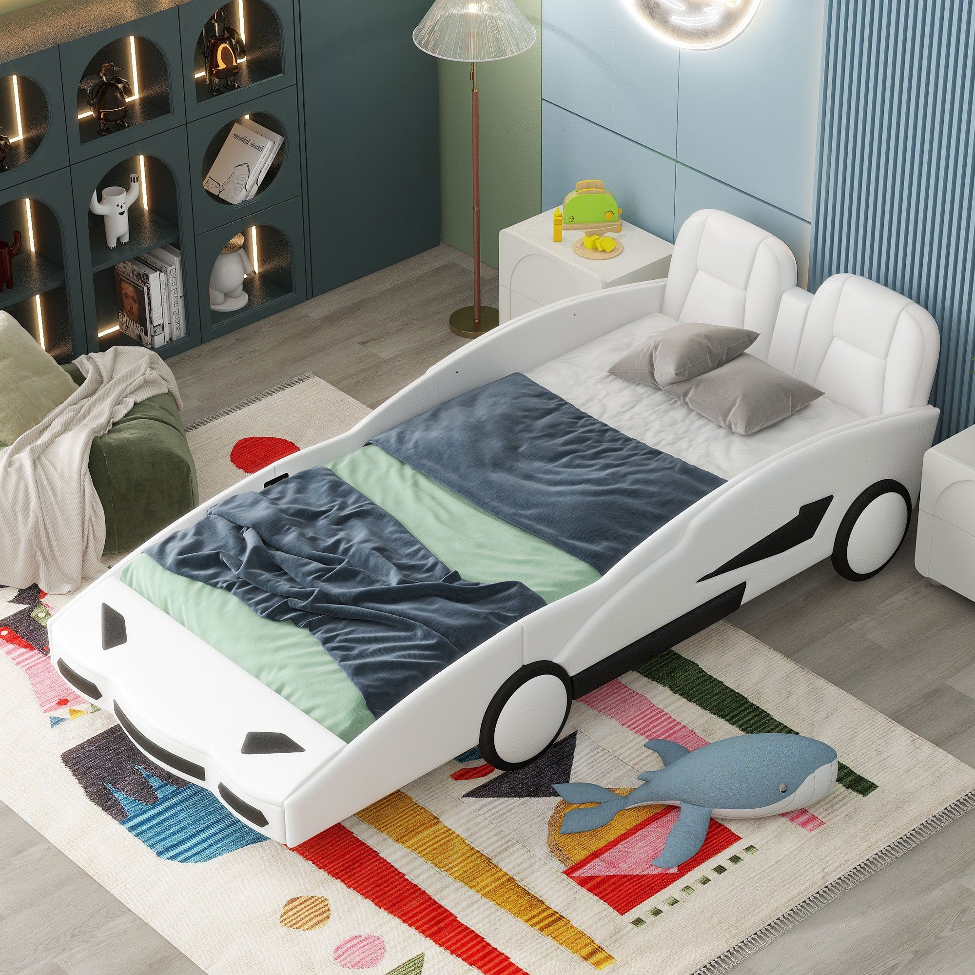 Ulife Autobett Kinderbett Spielbett Flachbett Weiß Kunstleder mit Rausfallschutz, 90×200cm