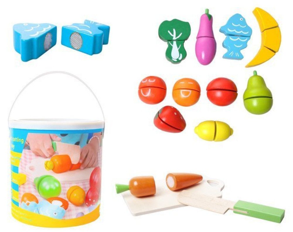 KRUZZEL Lernspielzeug Holzspielzeug Gemüseeimer (Spar-Set, 1-St., fördert Motorik), Inklusive Obst, Gemüse, Fisch, Messer, Schneidebrett – Bild 2 von 5