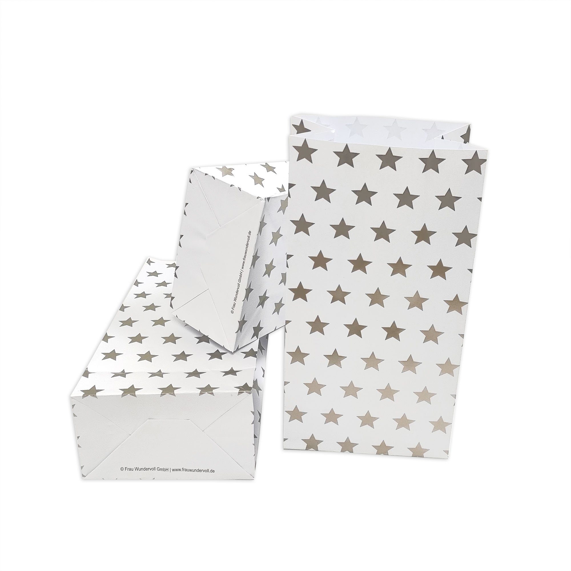 Frau WUNDERVoll Papierdekoration Papiertüten mit Boden - weiß, silber Sterne, 100g Papier