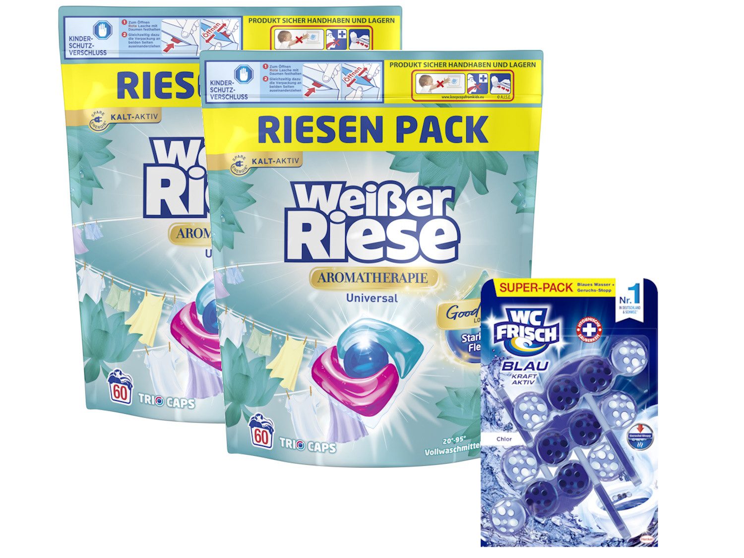 Weißer Riese Universal Trio-Caps & WC FRISCH Kraft-Aktiv Spülmaschinenreiniger (Set, [120-St. 1x 120 WL + 1x 150 g Waschmittel und Toilettenstein)